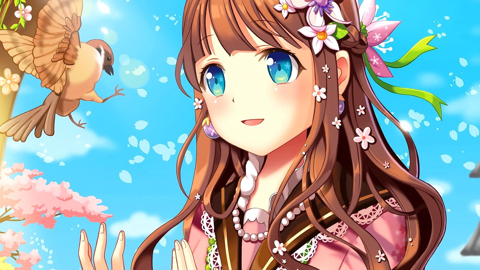 hair ornament, Japanese clothes, anime girls, smiling, long hair, 1080P, open mouth, looking away, dress, birds, blue eyes, brunette, anime, HD Wallpaper