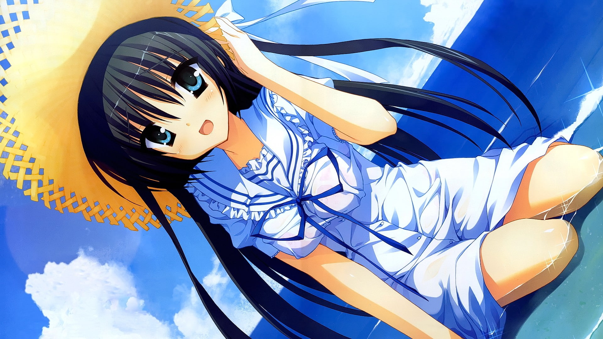 indoors, yellow, art and craft, cloud - sky, anime girls, day, nature, blue, clouds, 1080P, Natsuzora Kanata, smiling, low angle view, pattern, looking at viewer, HD Wallpaper