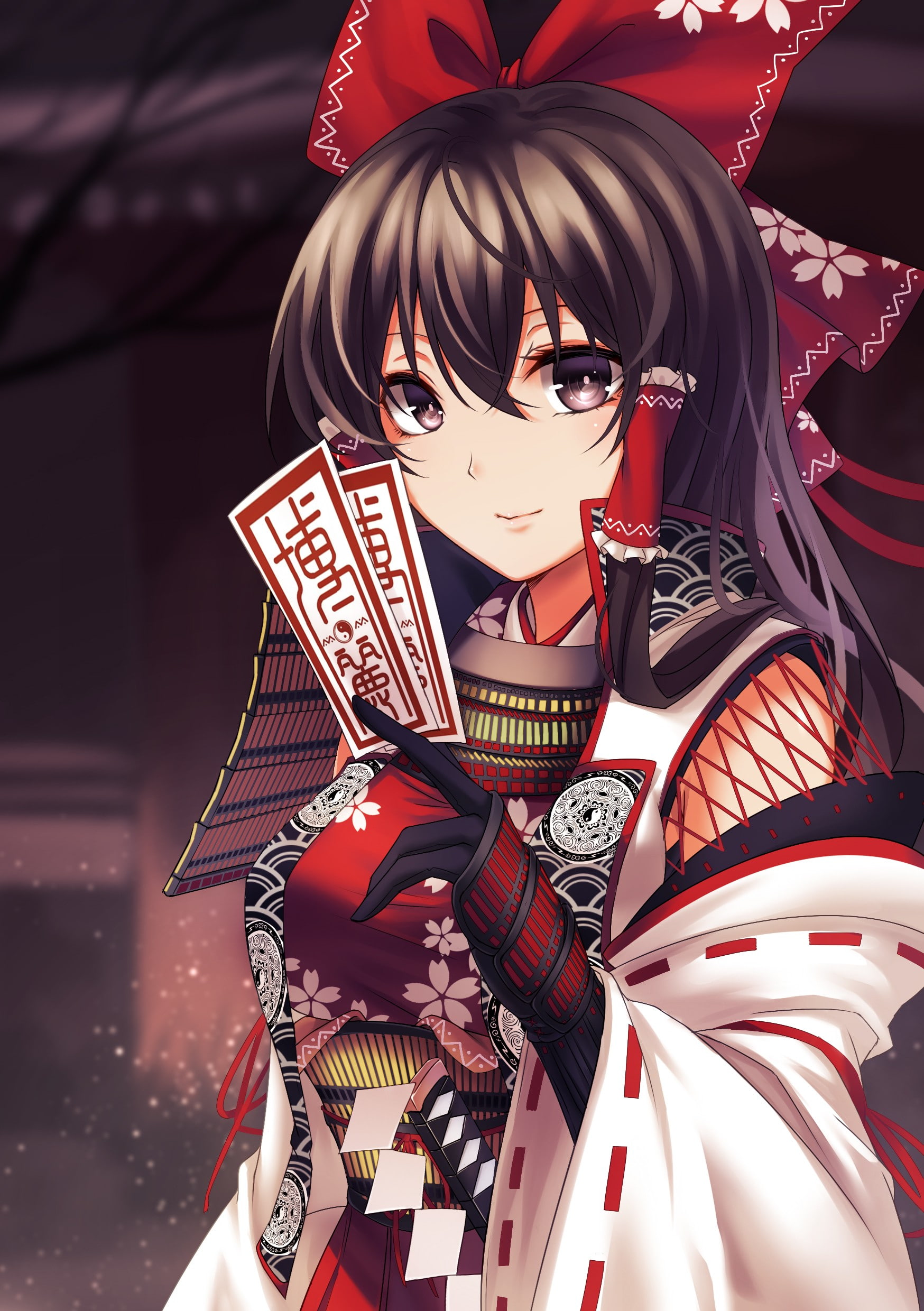 anime, Hakurei Reimu, brown eyes, sword, long hair, Touhou, anime girls, Japanese clothes, brunette, 1080P, weapon, Phone HD Wallpaper