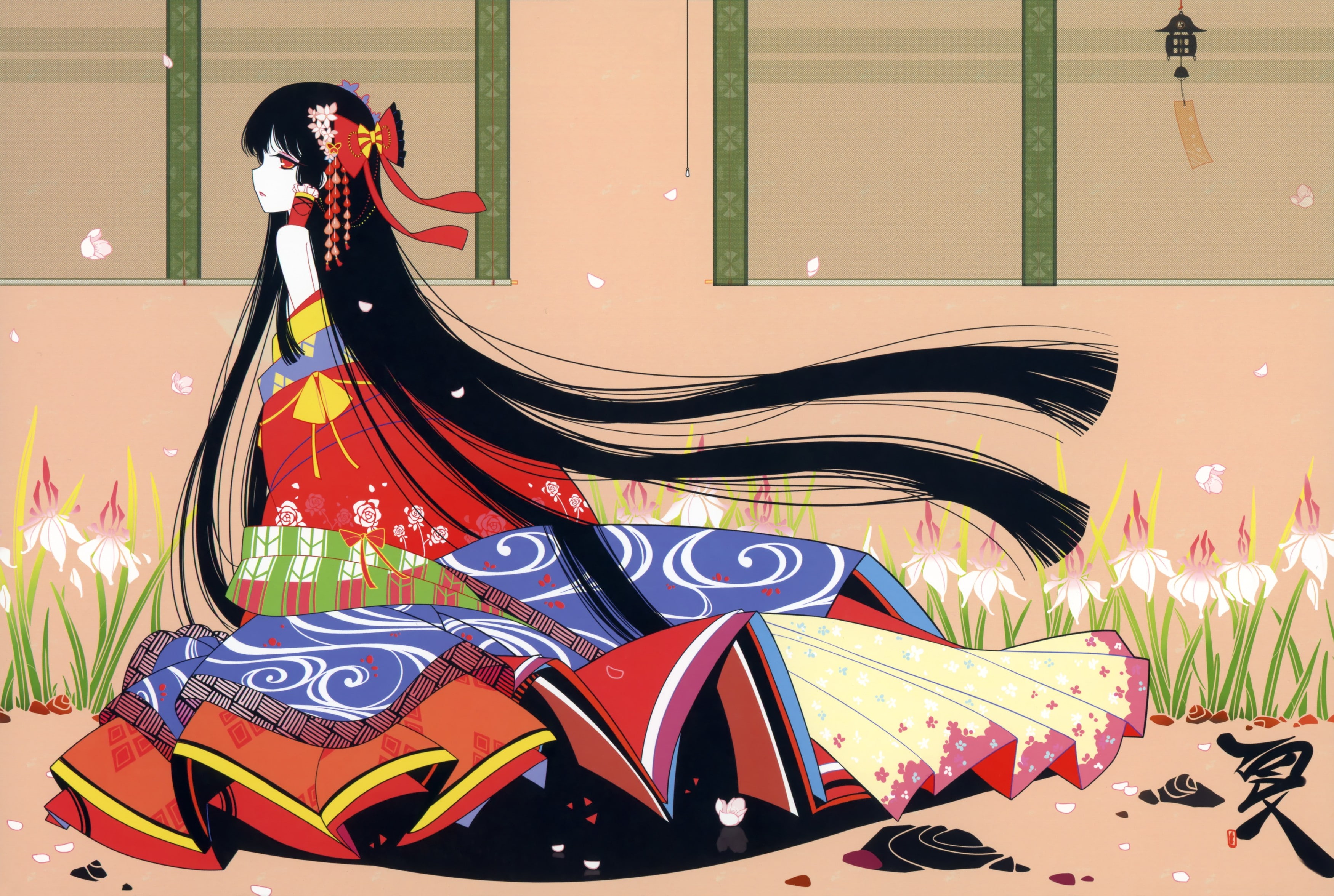 2K, clothes, eyes, girls, petals, hakurei, kimono, brunettes, japanese, ideolo, flowers, touhou, bows, anime, long, hair, flower, reimu, red, HD Wallpaper