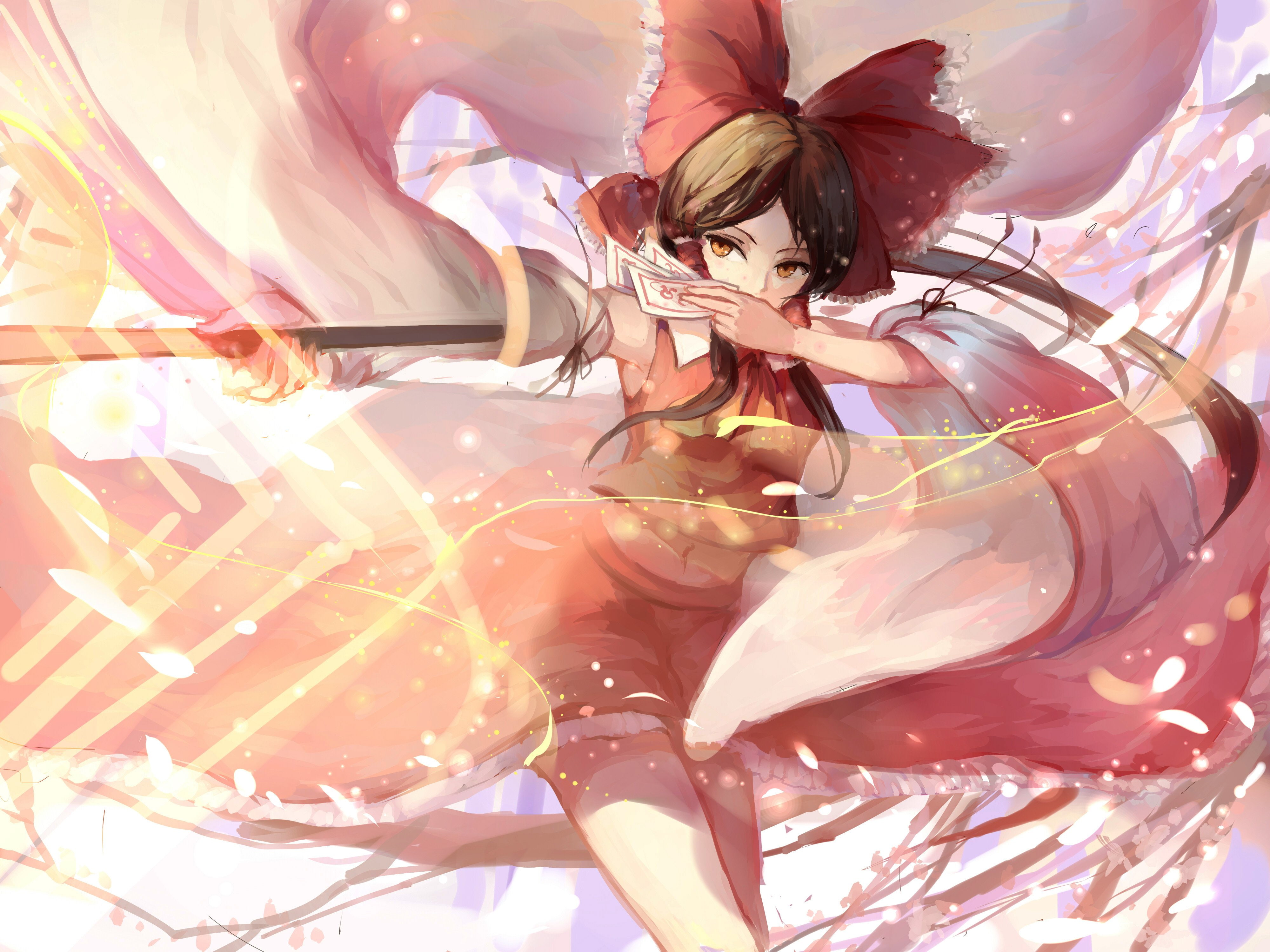 ofuda, leaves, hair, eyes, touhou, brown, reimu, hakurei, bow, 4K, long, orange, ponytail, navel, miko, clothes, japanese, sishenfan, HD Wallpaper