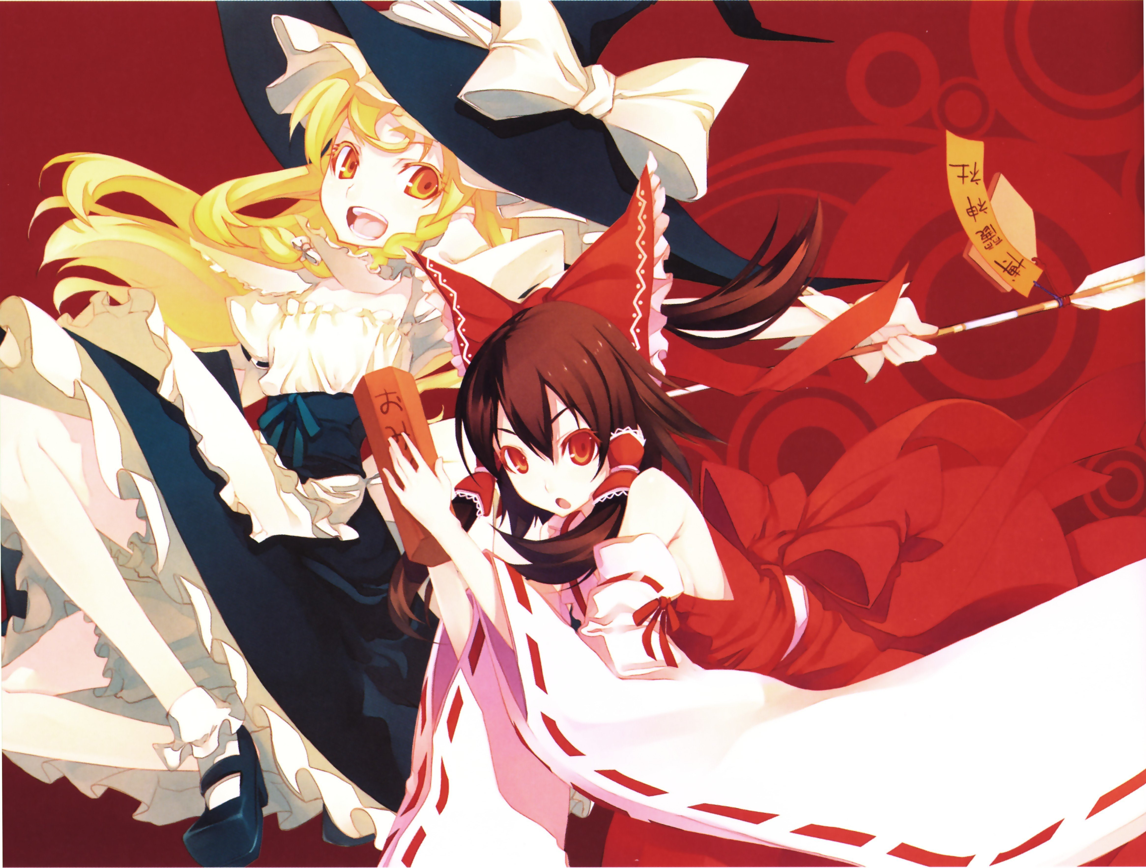 4K, witch, friends, red, link, hats, bloomers, japanese, blondes, hakurei, yellow, detached, brunettes, smiling, shingo, clothes, reimu, missing, marisa, HD Wallpaper