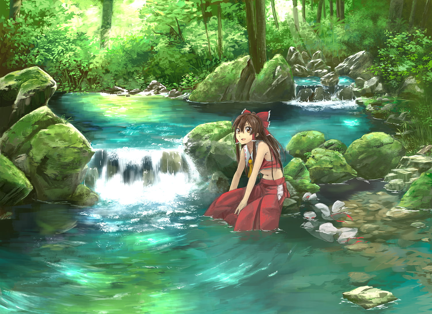 japanese, water, brown, waterfall, hakurei, 720P, hair, long, miko, bow, reimu, scenic, touhou, landscape, clothes, navel, kinoto, forest, HD Wallpaper