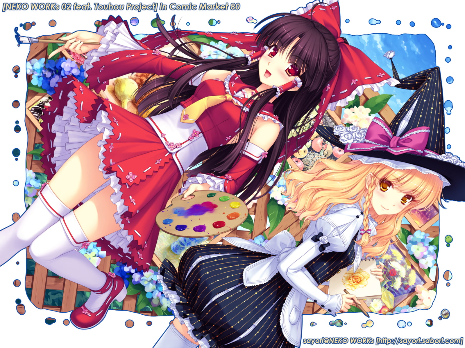 touhou, tie, thighhighs, hakurei, 720P, eyes, food, red, bow, braids, dress, yellow, blonde, reimu, hair, long, witch, sayori, brown, hat, flowers, HD Wallpaper