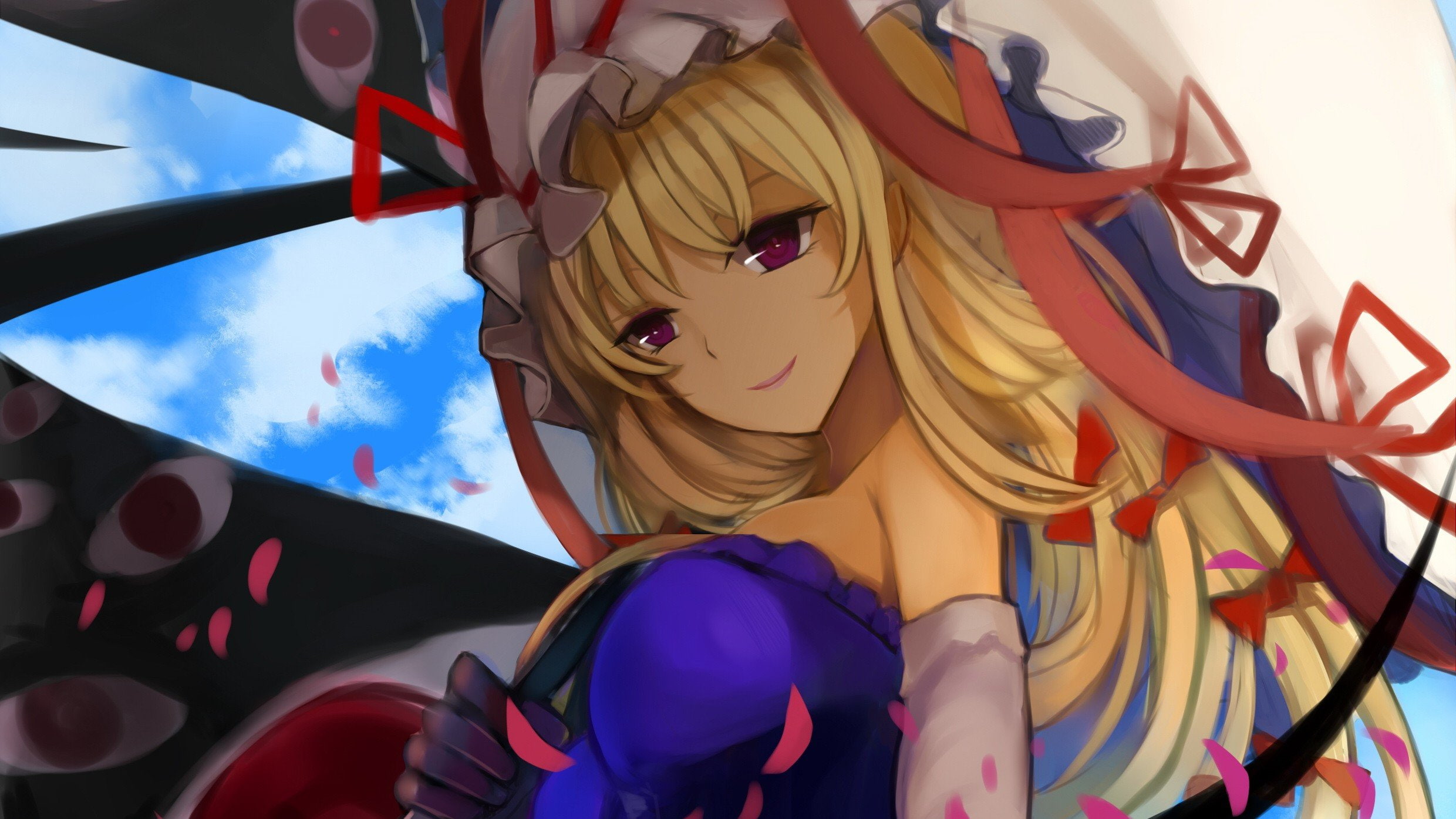 shoulders, ribbons, girls, yukari, long, games, ornaments, yakumo, petals, bows, bare, eyes, gloves, bangs, clouds, 1080P, umbrellas, hats, video, anime, HD Wallpaper