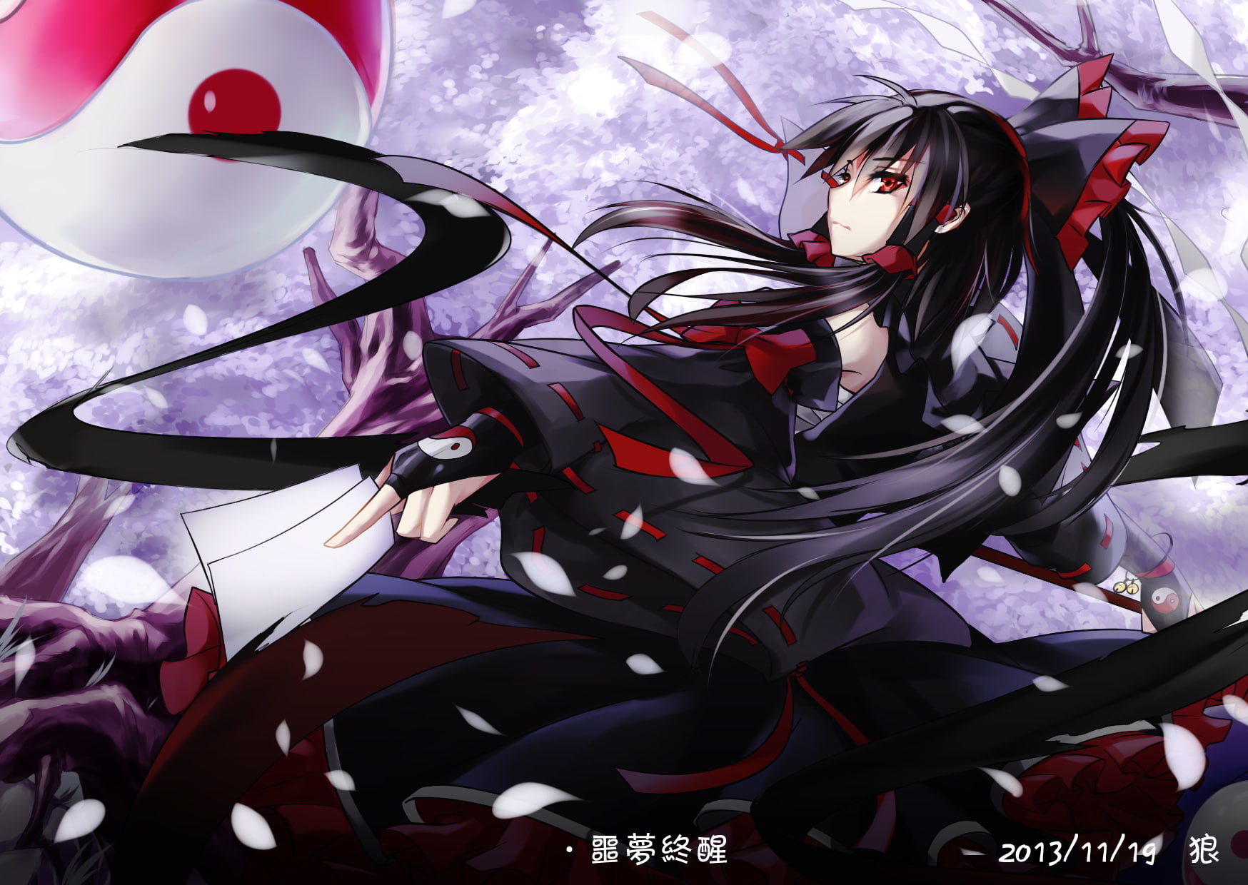 long, gloves, hair, blossoms, red, eyes, japanese, clothes, 720P, ofuda, touhou, tree, bow, black, langlang, miko, cherry, reimu, hakurei, petals, HD Wallpaper