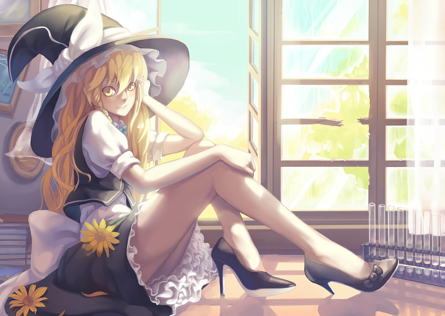 long, hat, hair, touhou, petals, yellow, bow, madyy, flowers, marisa, 720P, dress, kirisame, blonde, eyes, HD Wallpaper