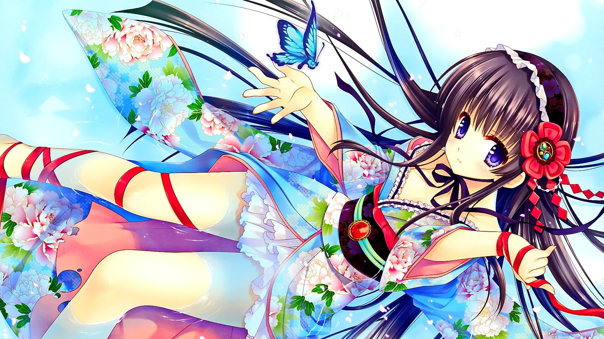 brunette, kimono, anime girls, anime, hair ornament, butterfly, Japanese clothes, sitting, long hair, 1080P, HD Wallpaper