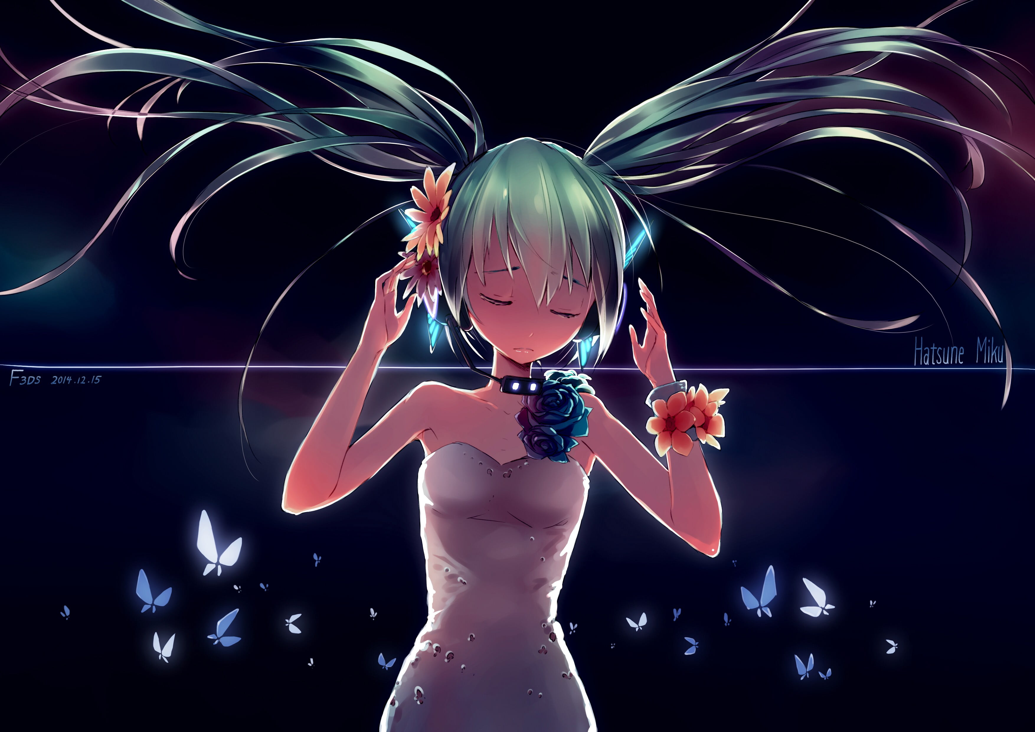 closed eyes, digital composite, indoors, 2K, Hatsune Miku, Vocaloid, abstract, butterfly, bracelets, beauty, dress, motion, black background, green hair, HD Wallpaper