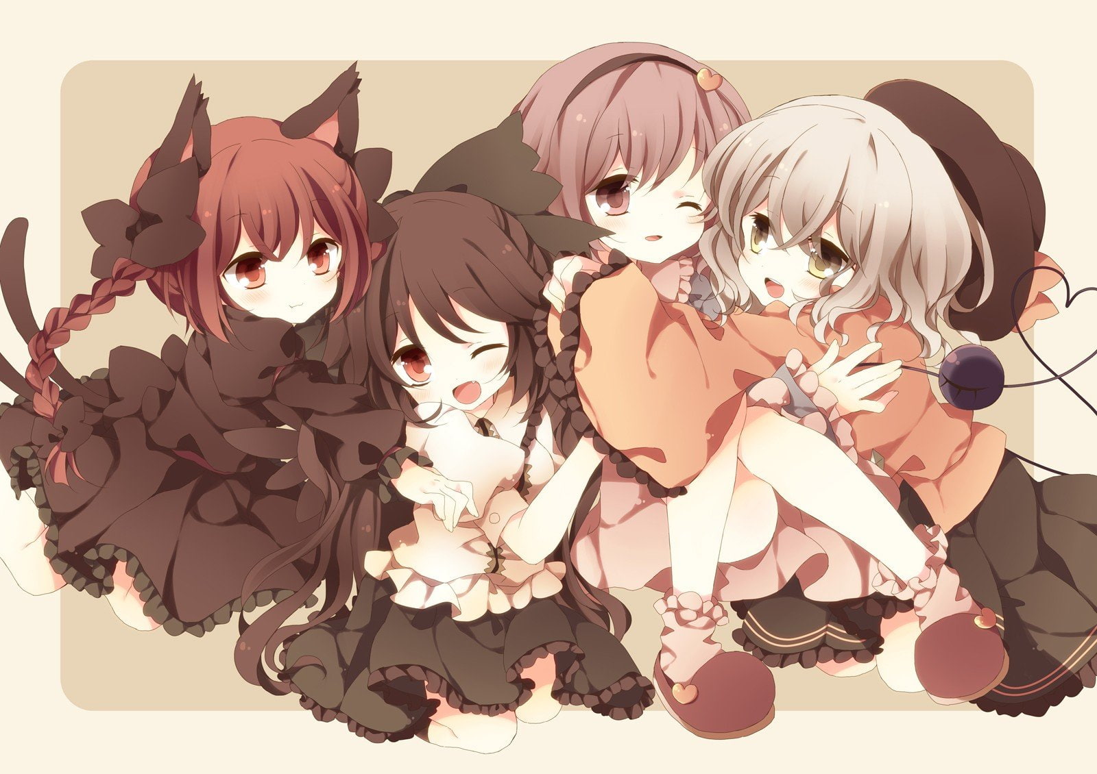 tails, games, komeiji, animism, anime, girls, kaenbyou, satori, 720P, ears, eye, hats, hair, nekomimi, eyes, dress, touhou, wink, brown, black, mouth, HD Wallpaper