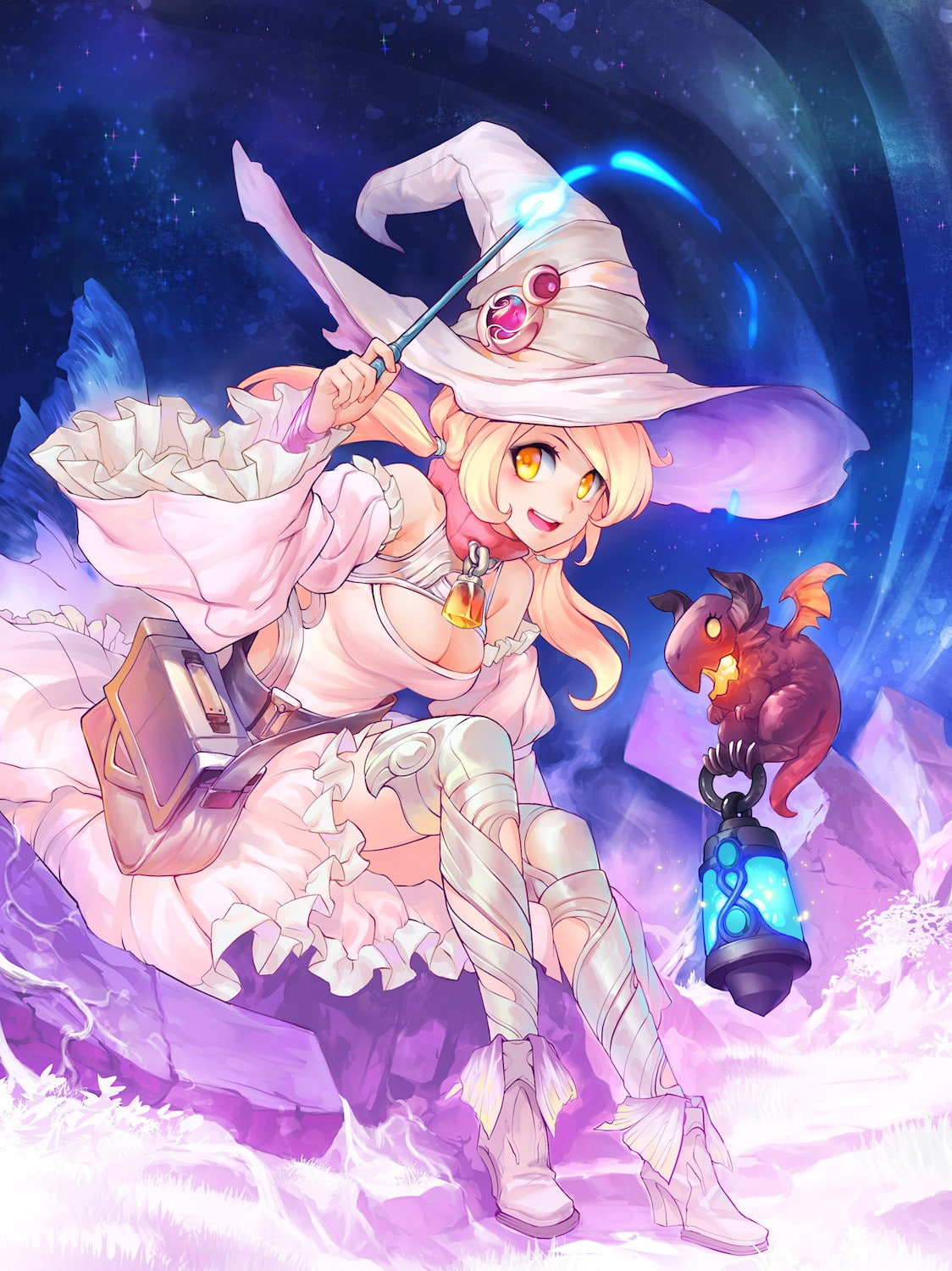 witch, witch hat, outdoors, 720P, orange eyes, spirituality, long hair, purple, celebration, holiday, arts culture and entertainment, open shirt, flower, Phone HD Wallpaper