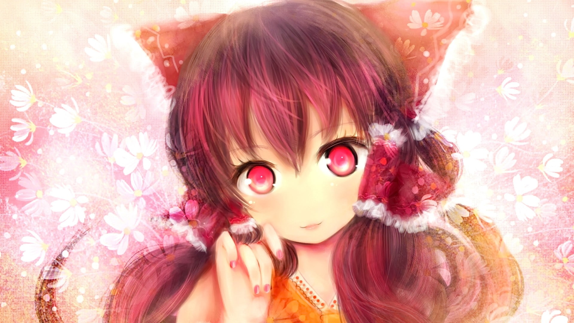 anime girls, smiling, Touhou, red eyes, redhead, Hakurei Reimu, looking at viewer, long hair, 1080P, anime, HD Wallpaper
