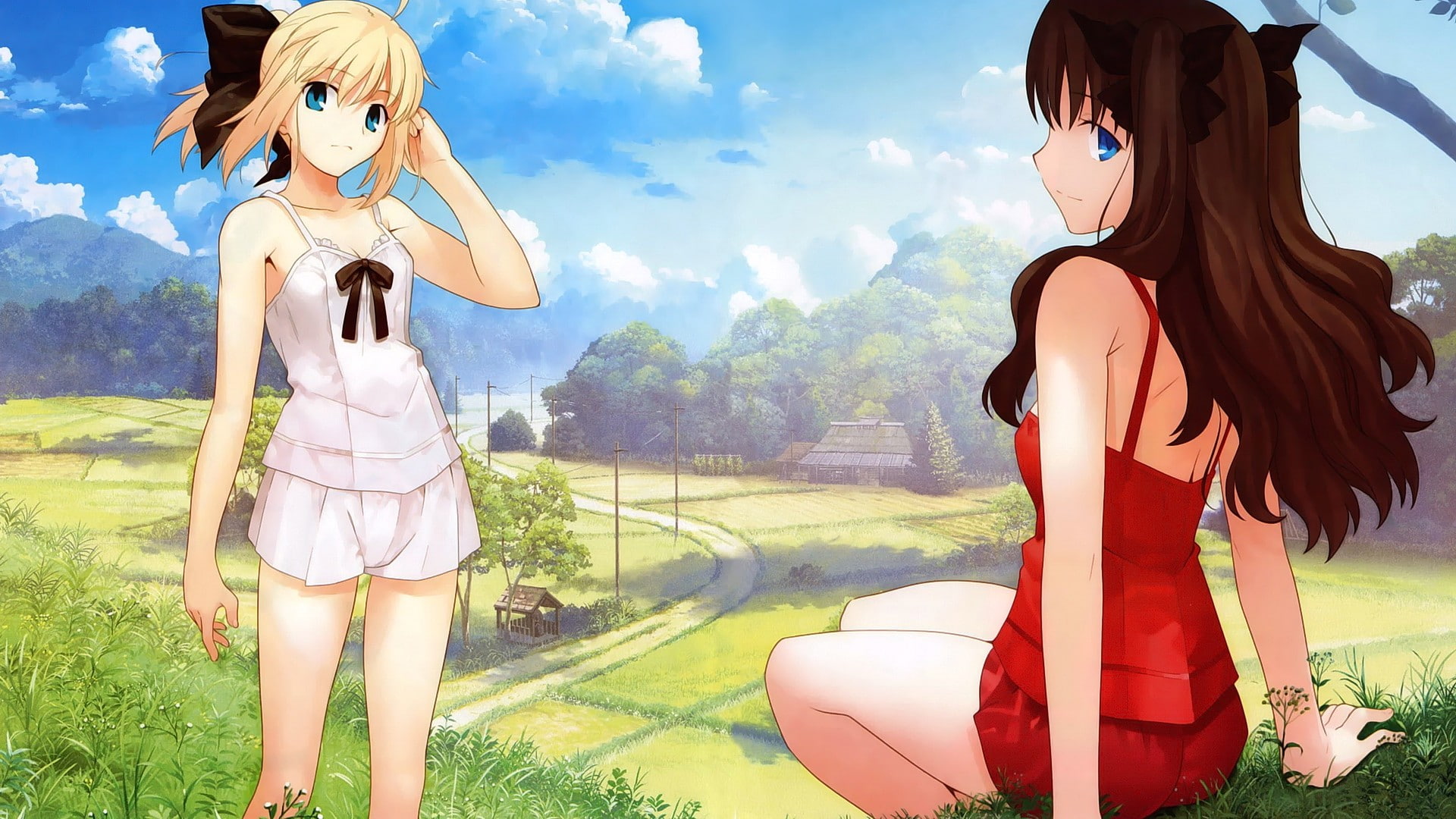 Fate Series, long hair, anime girls, clouds, anime, mountains, brunette, forest, blue eyes, short hair, 1080P, blonde, Saber, Tohsaka Rin, sky, HD Wallpaper