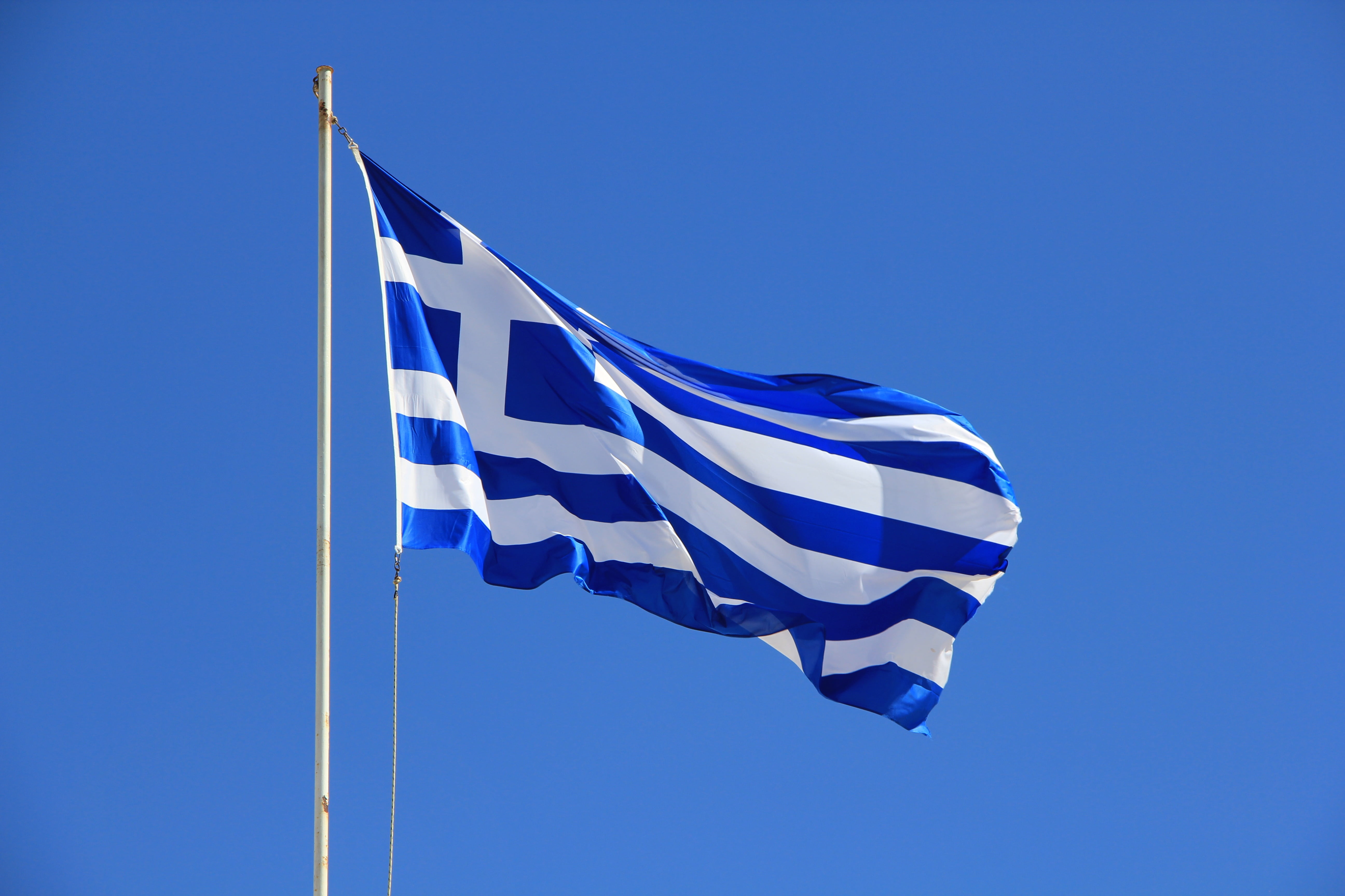 greece, angle, national colours, country, national icon, striped, environment, motion, sky, white, pole, blue, greek, outdoors, clear sky, nature, no people, HD Wallpaper