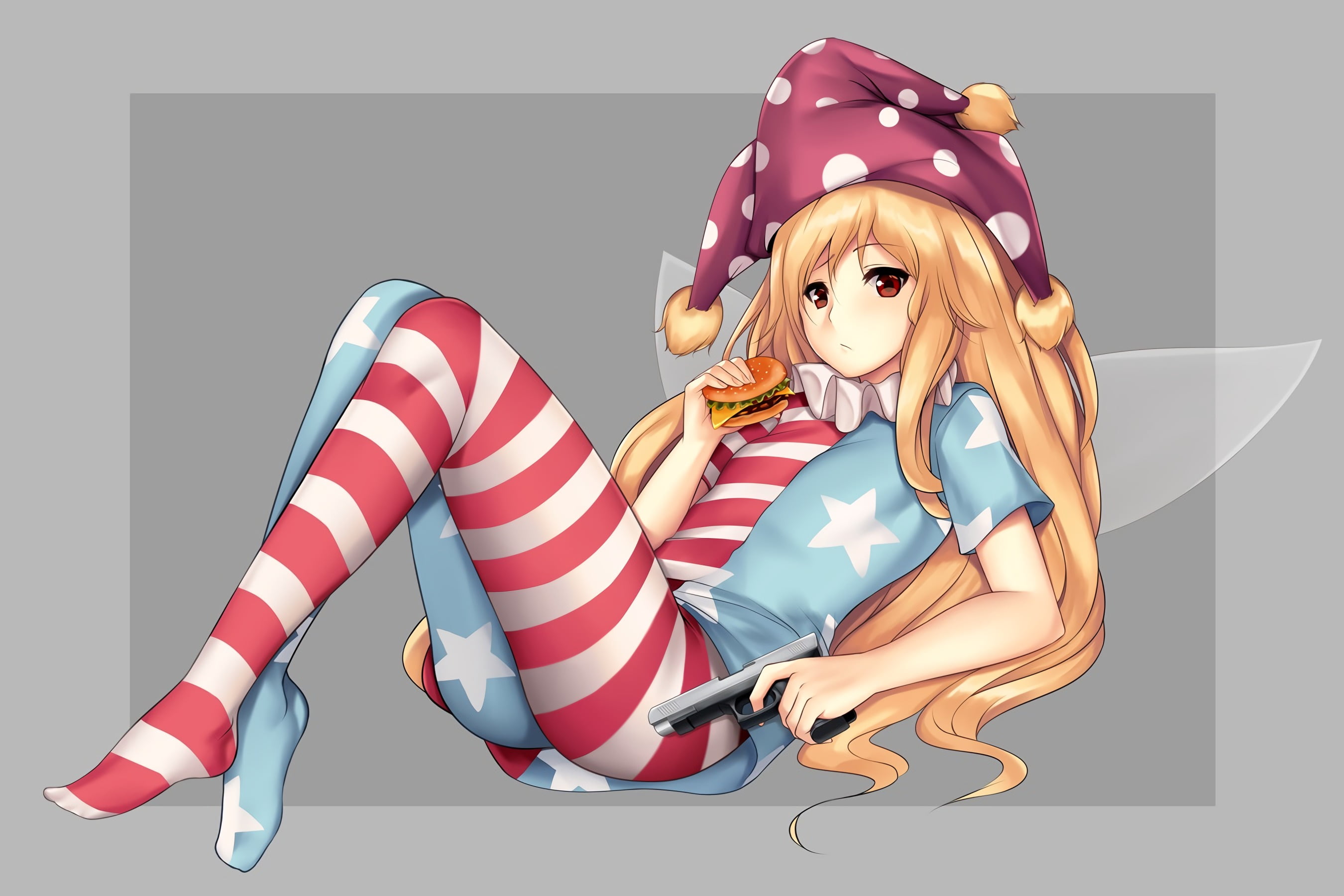 fashion model, beauty, Touhou, food, dress, adult, females, hat, indoors, human body part, red eyes, hair, Clownpiece, beautiful woman, one person, anime, HD Wallpaper