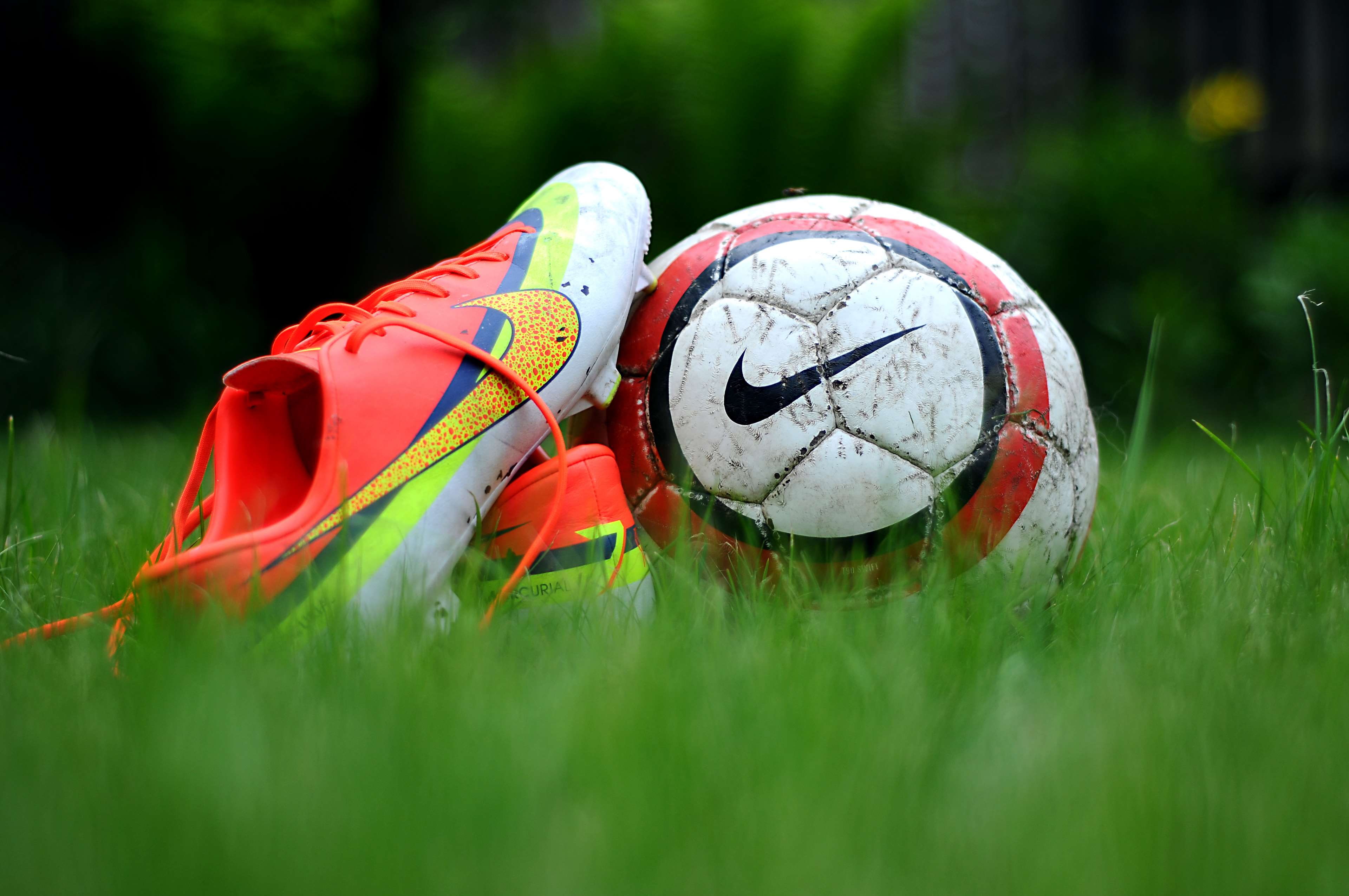 representation, shoes, nike, creativity, outdoors, swoosh, still life, plant, soccer, green, ball, no people, low angle, football, toy, 90, sport, 4K, HD Wallpaper