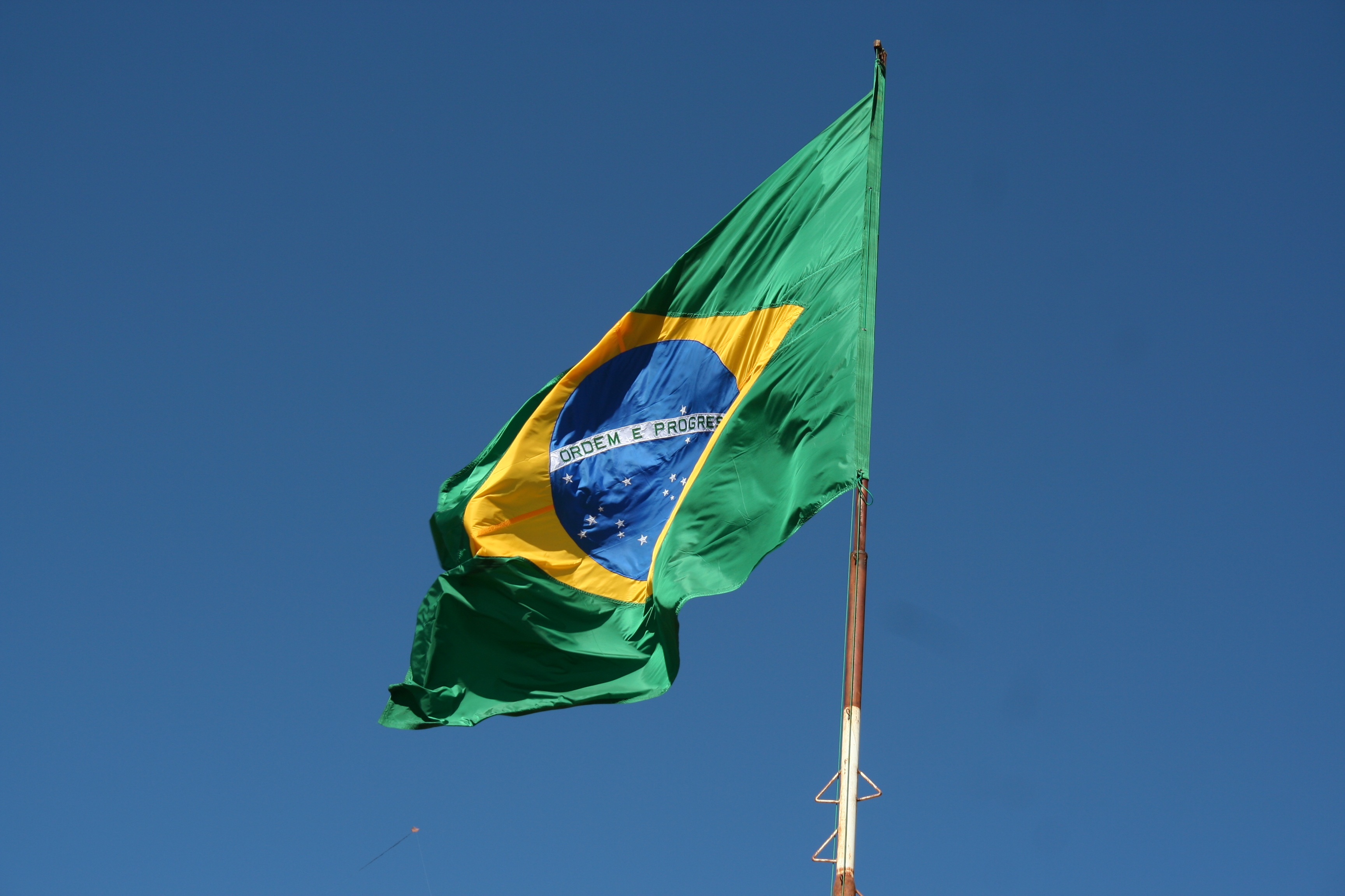 low angle view, patriotism, clear sky, holiday, waving, copy space, outdoors, republic, environment, brazil flag, no people, green color, 2K, day, wind, HD Wallpaper