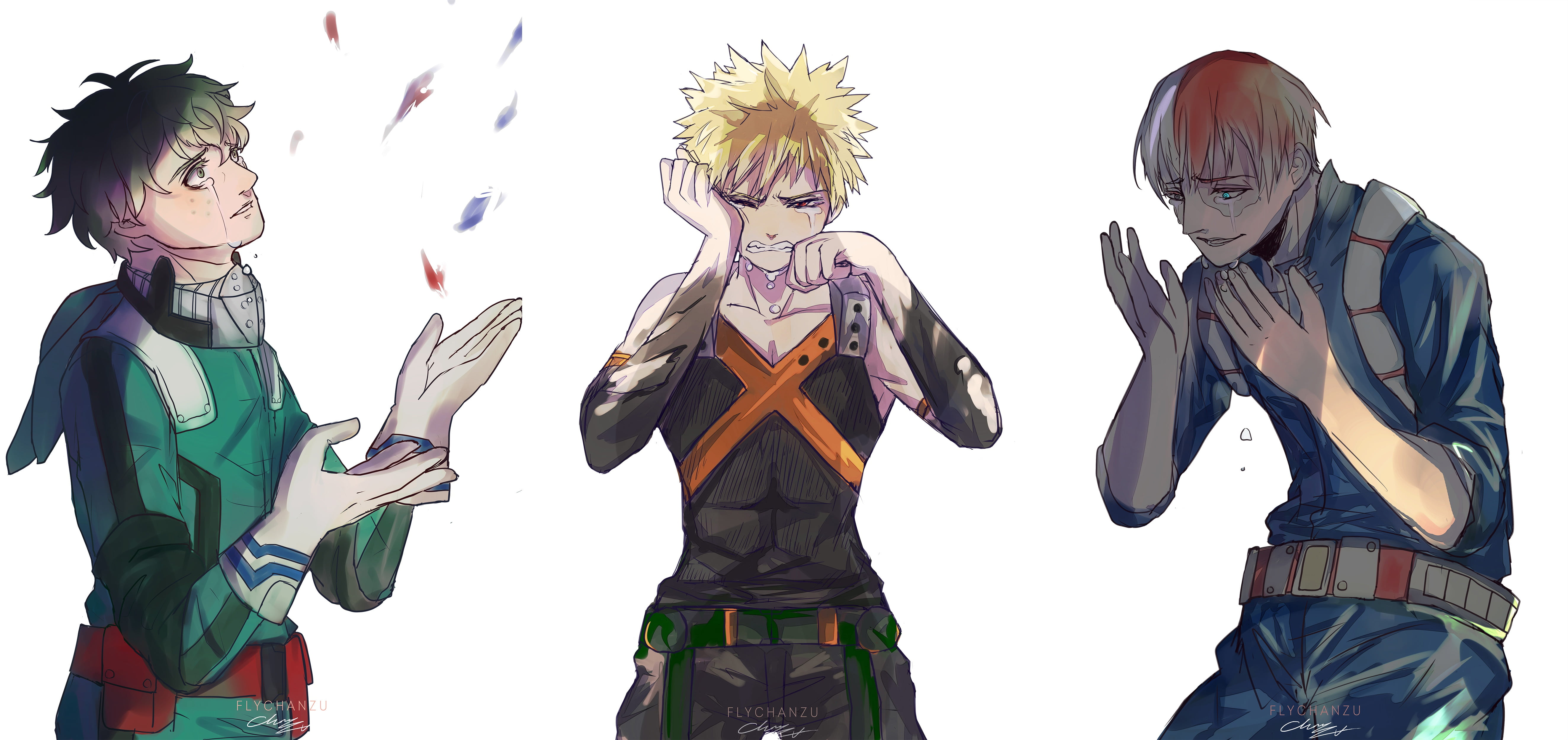 indoors, three, creativity, emotion, people, characters, Todoroki Shoto, background, guys, costume, representation, My heroic academia, art, illustration, HD Wallpaper