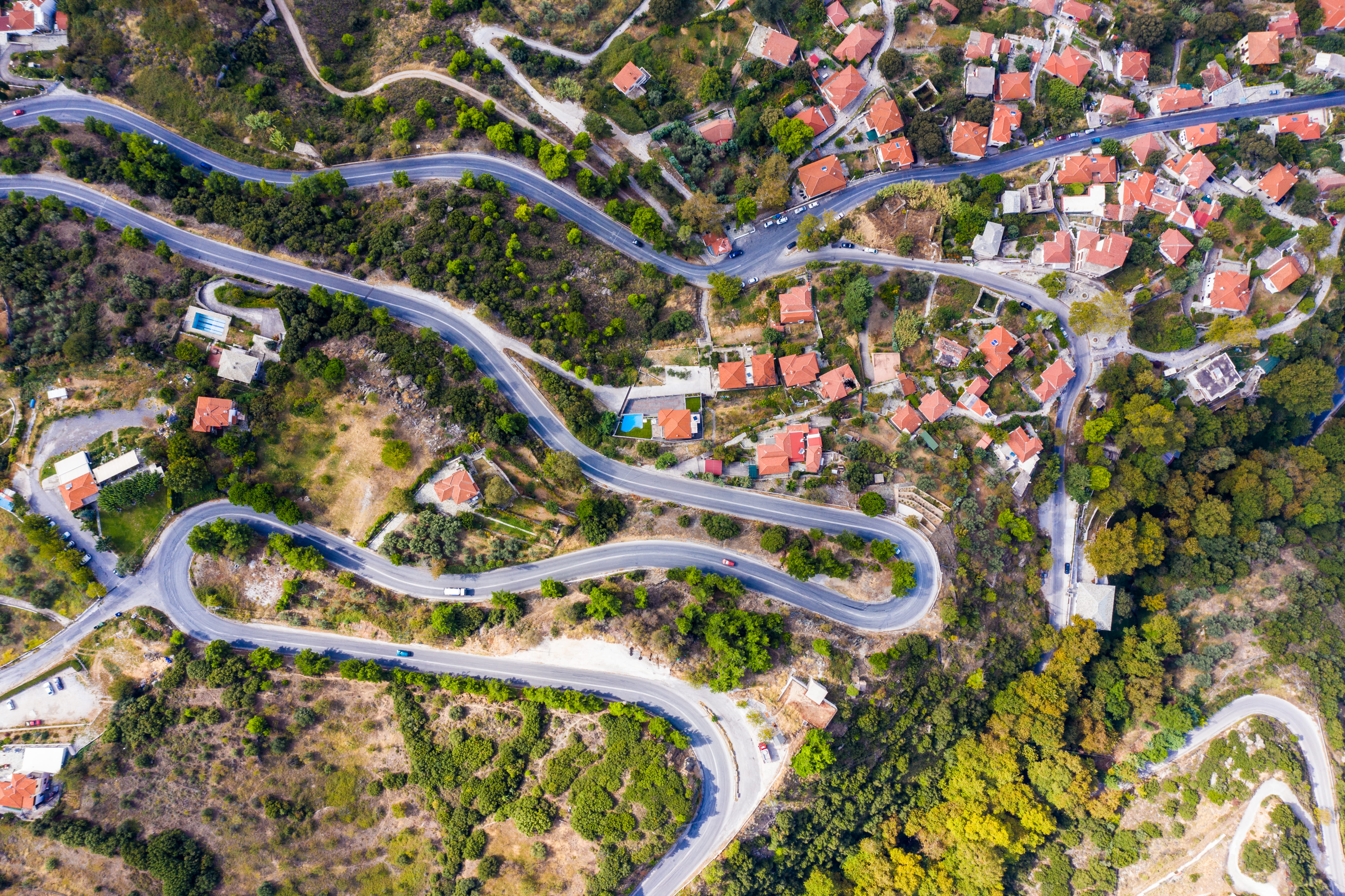 city, 5K, intersection, above, architecture, countryside, soil, ground, aerial, outdoors, building, mode of transportation, winding road, building exterior, HD Wallpaper