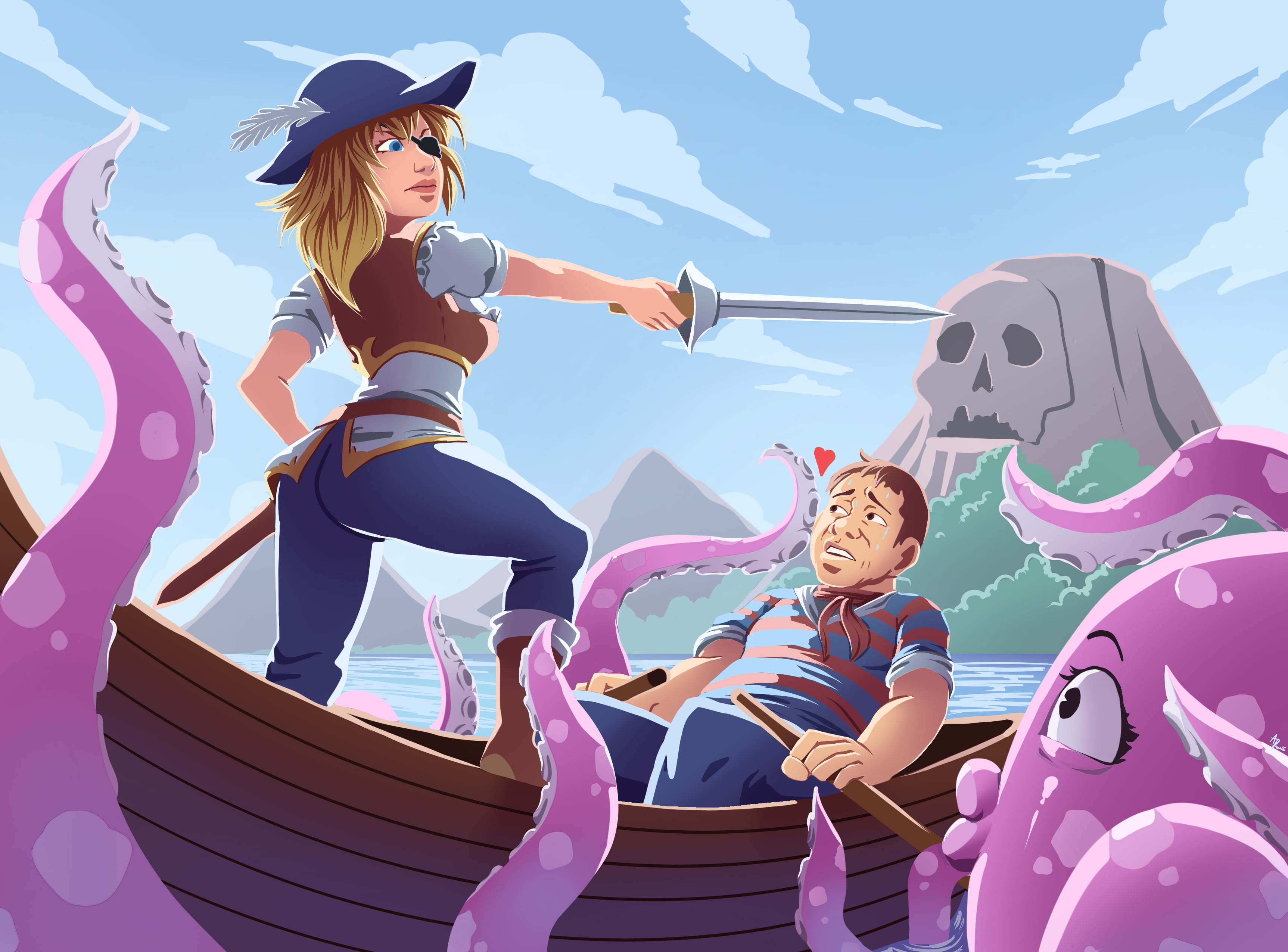 girls, happiness, women, day, sky, nature, pirate, people, octopus, lifestyles, casual clothing, sailor, art, smiling, island, sunlight, three quarter length, HD Wallpaper