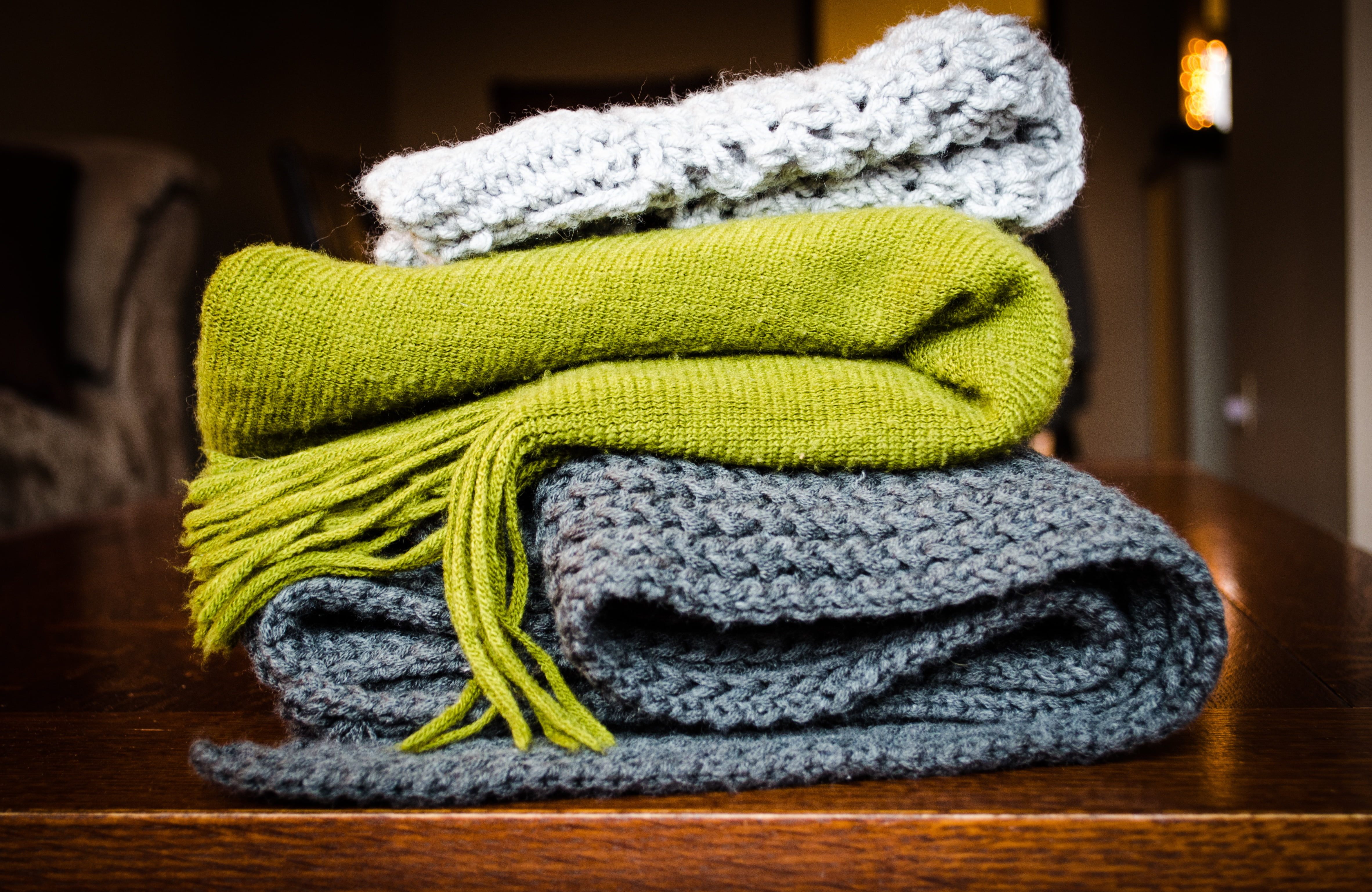 furniture, wool, scarves, 4K, comfortable, no people, towel, knit, relaxation, folded, glove, color, cozy, close-up, winter, wood, heat - temperature, HD Wallpaper