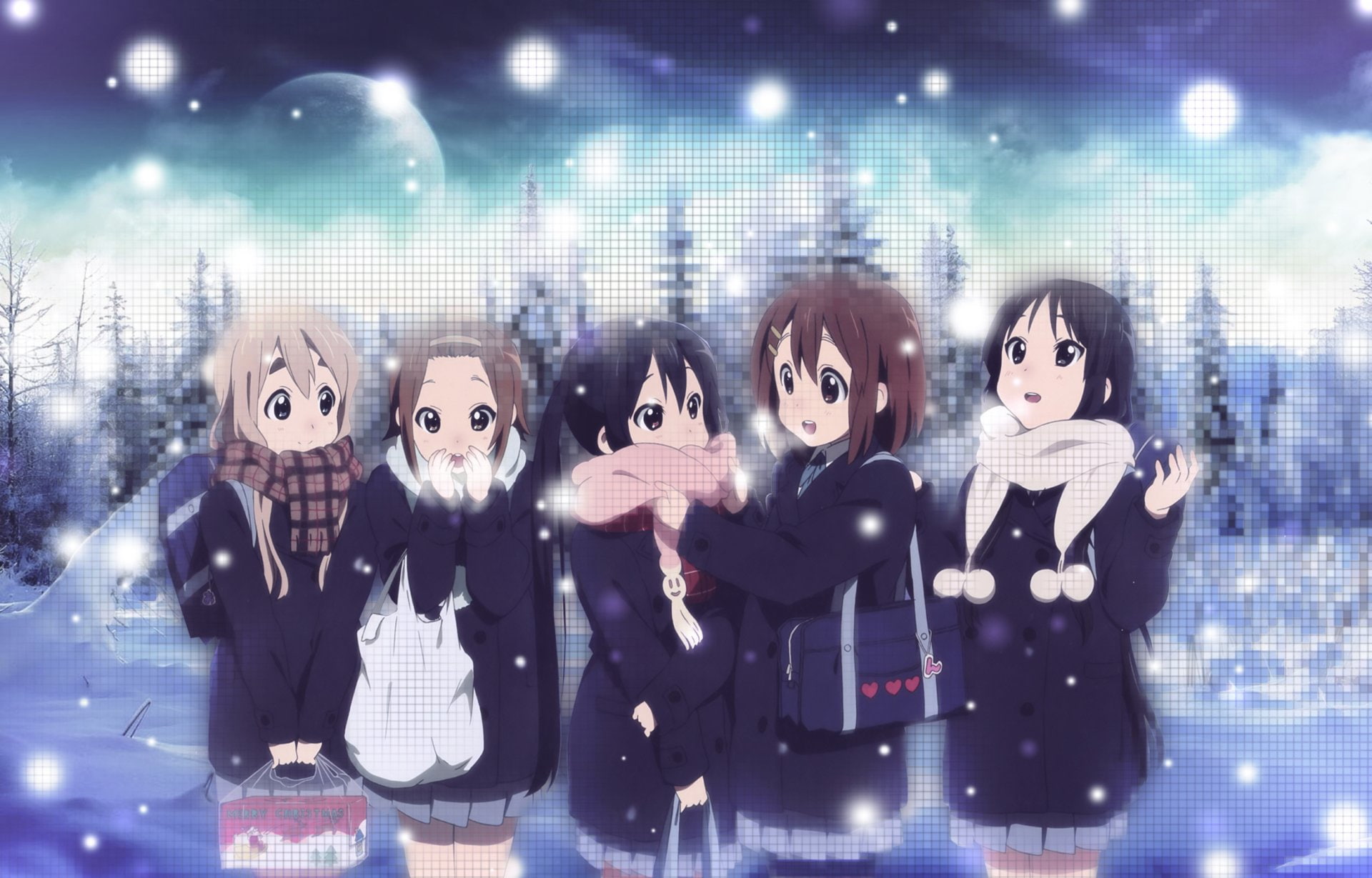 Anime, girls, digital, White, K-ON!, wearing, 1080P, scarves, animated, Snow, HD Wallpaper