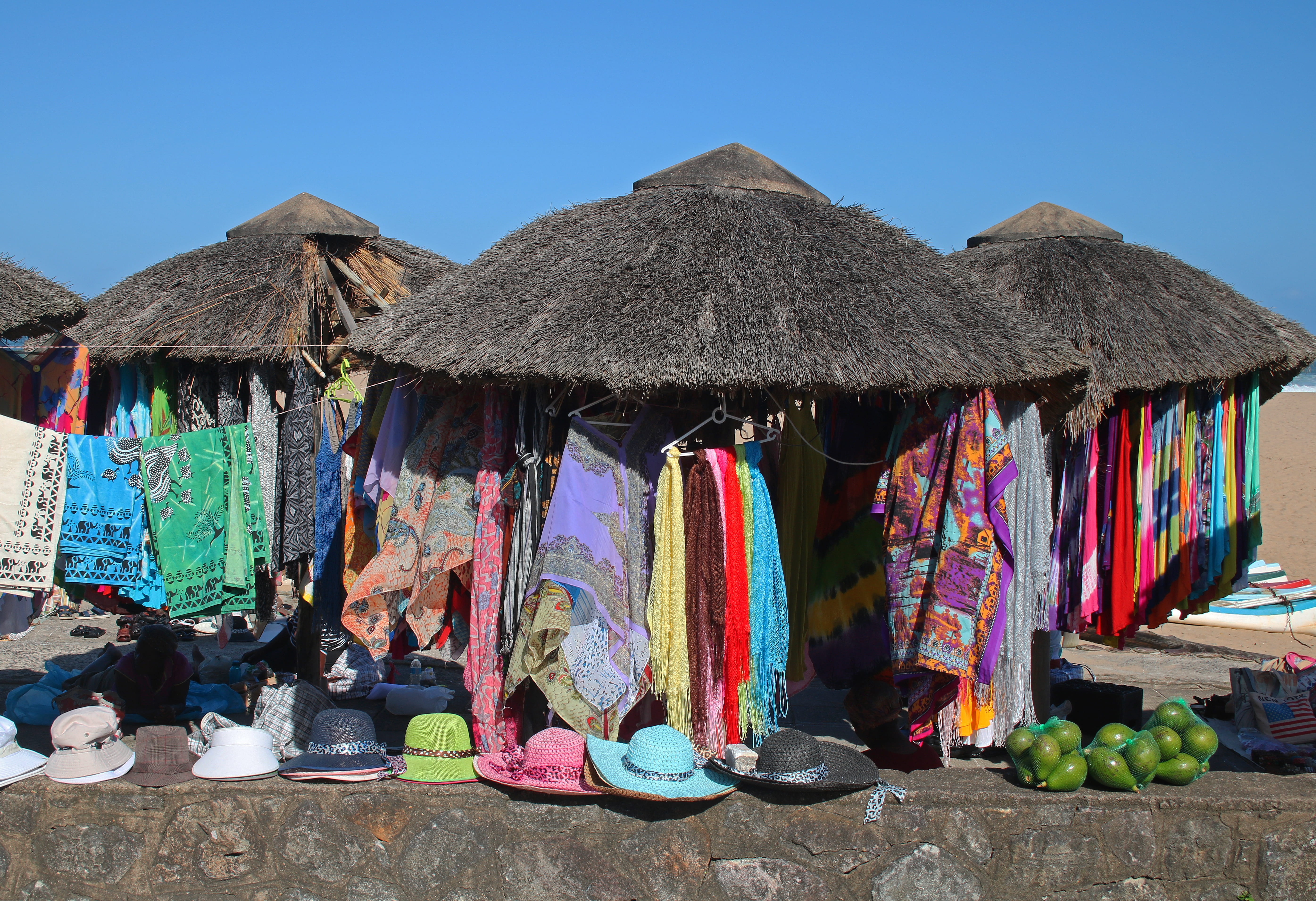 flea market, thatched roof, market, scarves, towels, thatched roofs, street market, large group of objects, architecture, building exterior, 5K, hats, HD Wallpaper