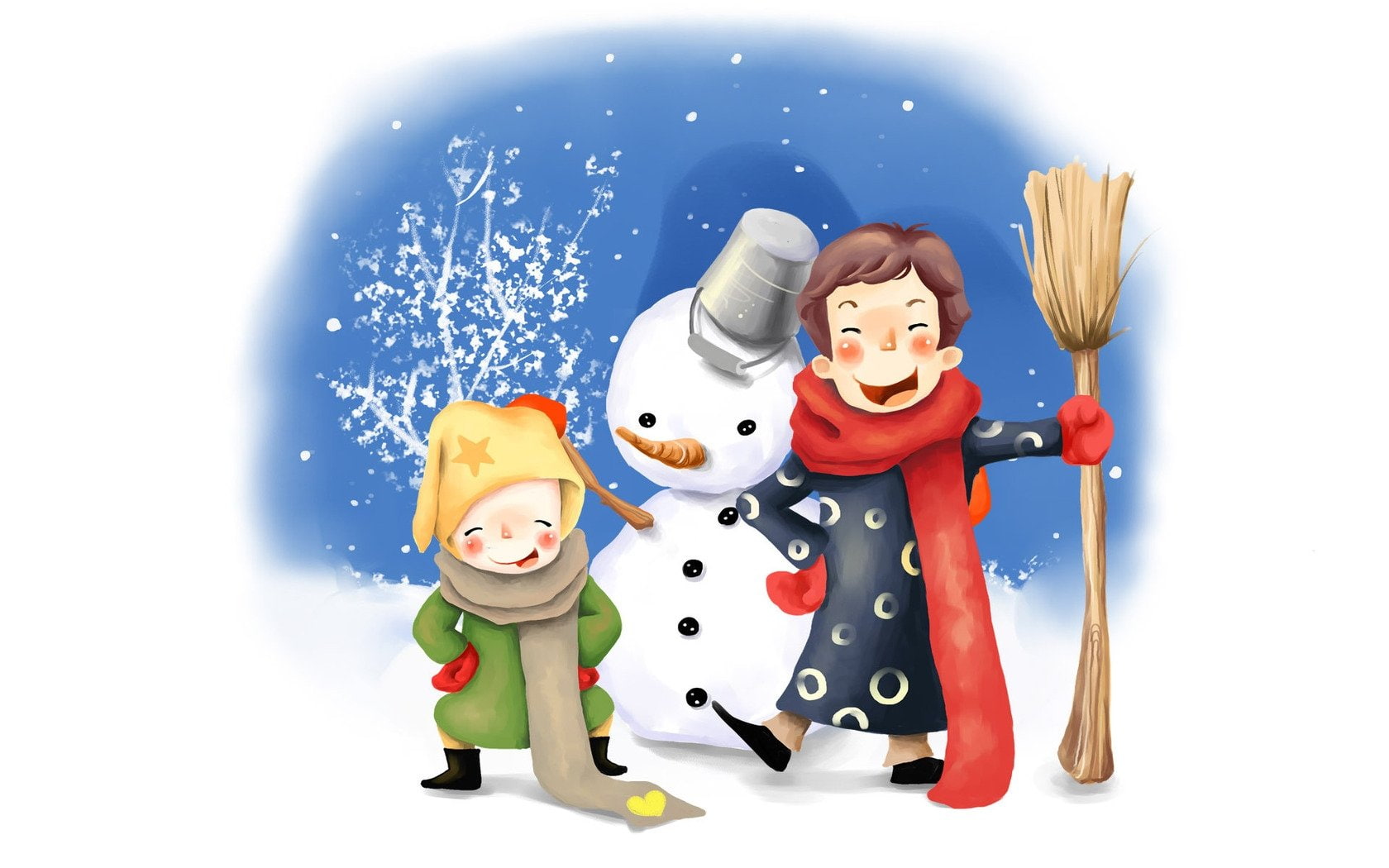 720P, kids, Broom, Buttons, winter, Scarves, drawing, Bucket, Fun, snowman, HD Wallpaper