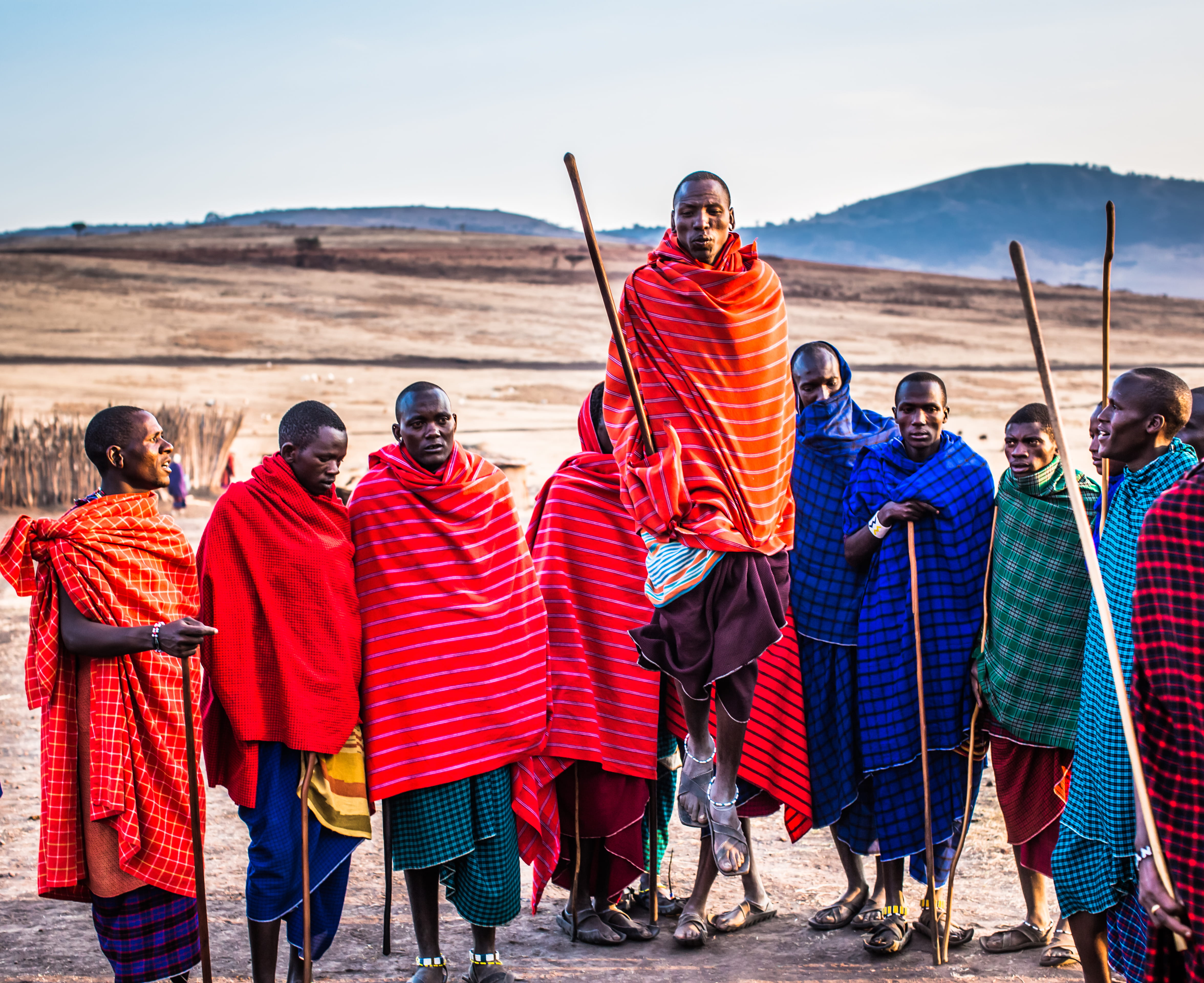 mature adult, jumping, men, real people, wearing, 4K, holding, sticks, adult, people, colorful, culture, traditional clothing, sky, warm clothing, africa, HD Wallpaper