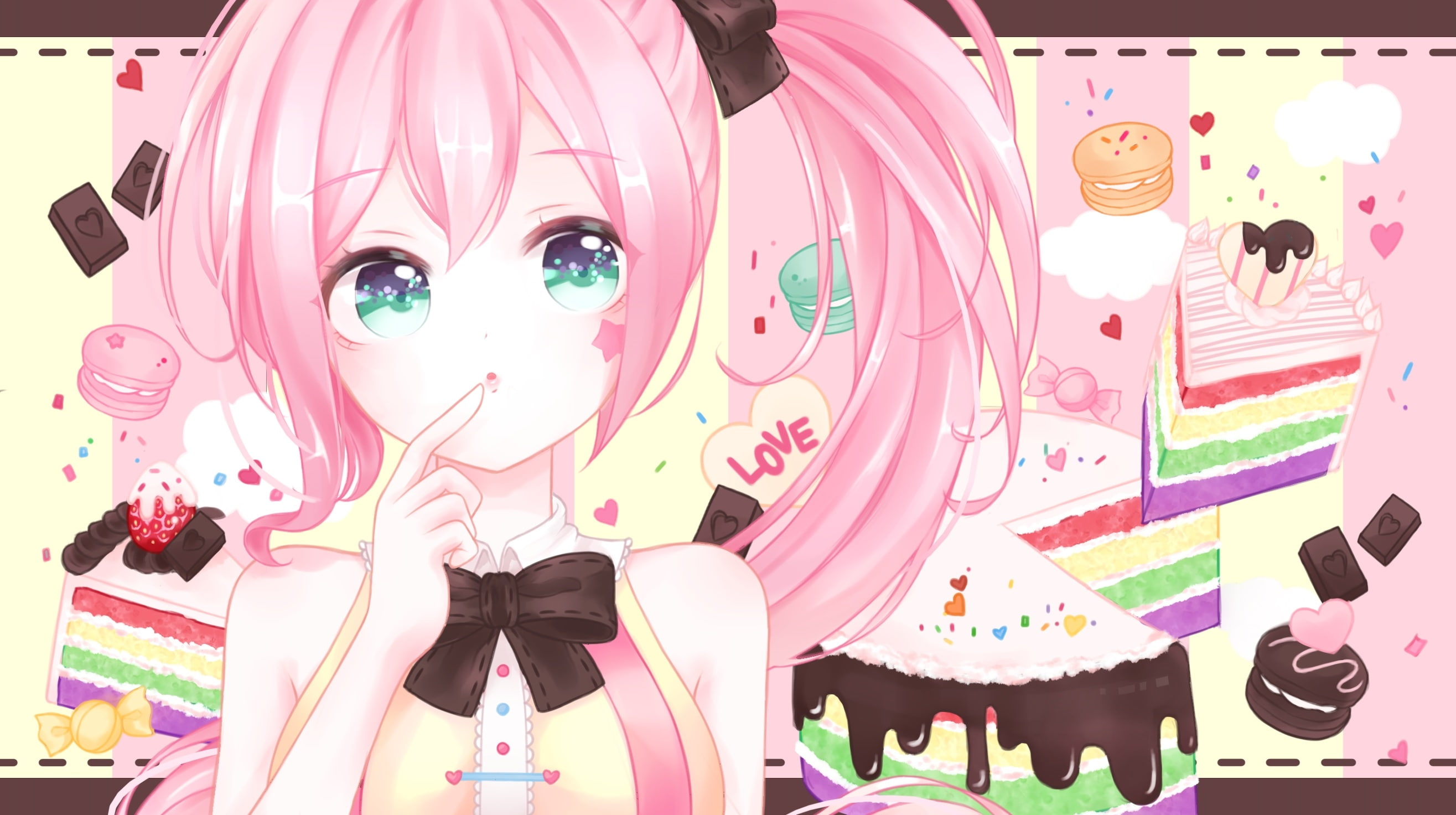 female likeness, large group of objects, close-up, desserts, art and craft, real people, retail display, indoors, pink hair, vocaloid, uni, Anime, 2K, HD Wallpaper