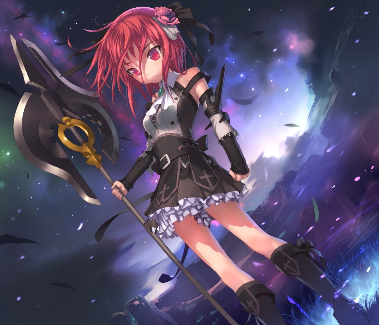 ribbons, red, feathers, boots, flowers, nature, gothic, art, short, eyes, uni, x, armor, Gloves, 720P, hd, hair, HD Wallpaper
