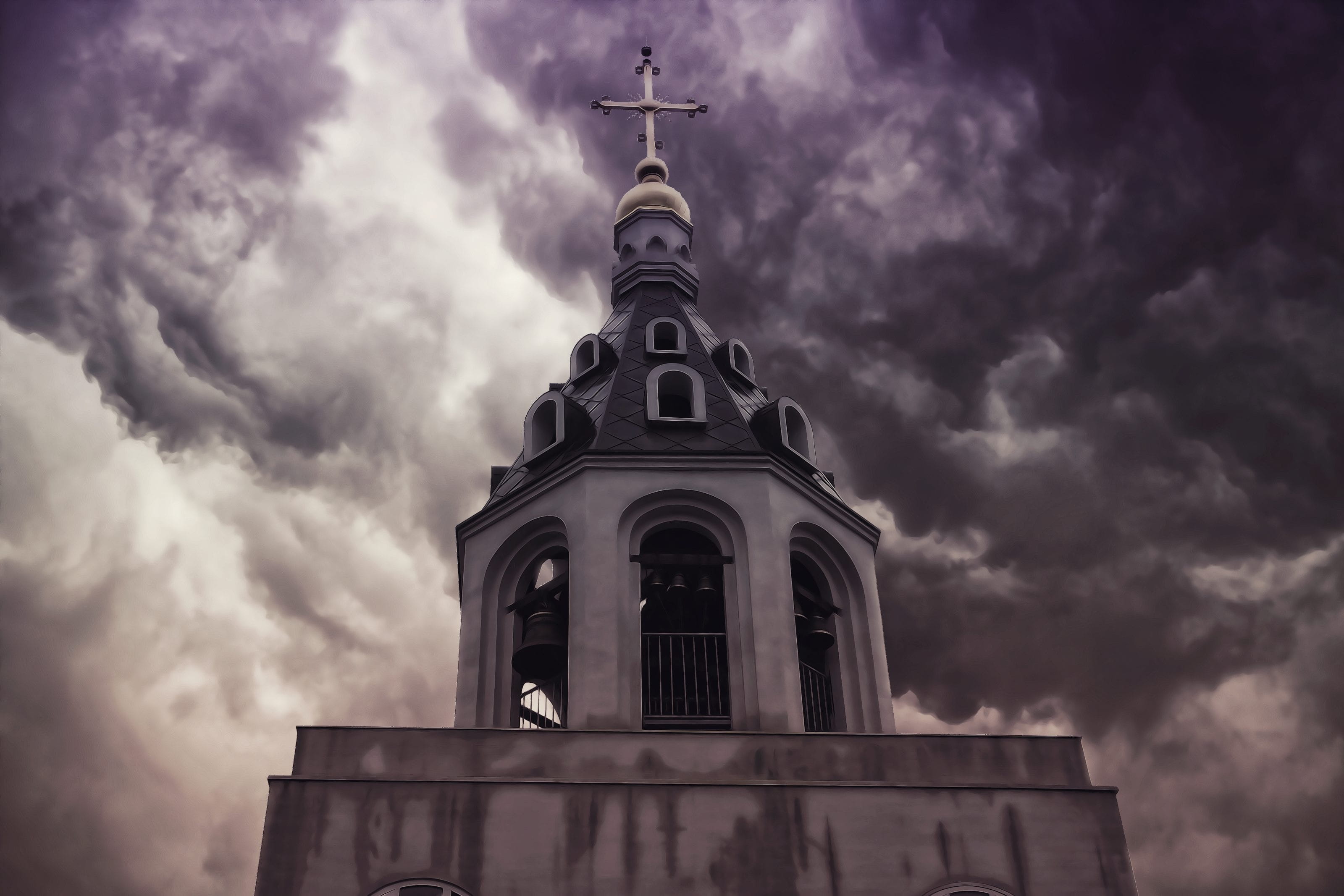 2K, architectural column, grey sky, belief, sky, daylight, bells, tower, low angle shot, spain, place of worship, building, statue, outdoors, architecture, HD Wallpaper