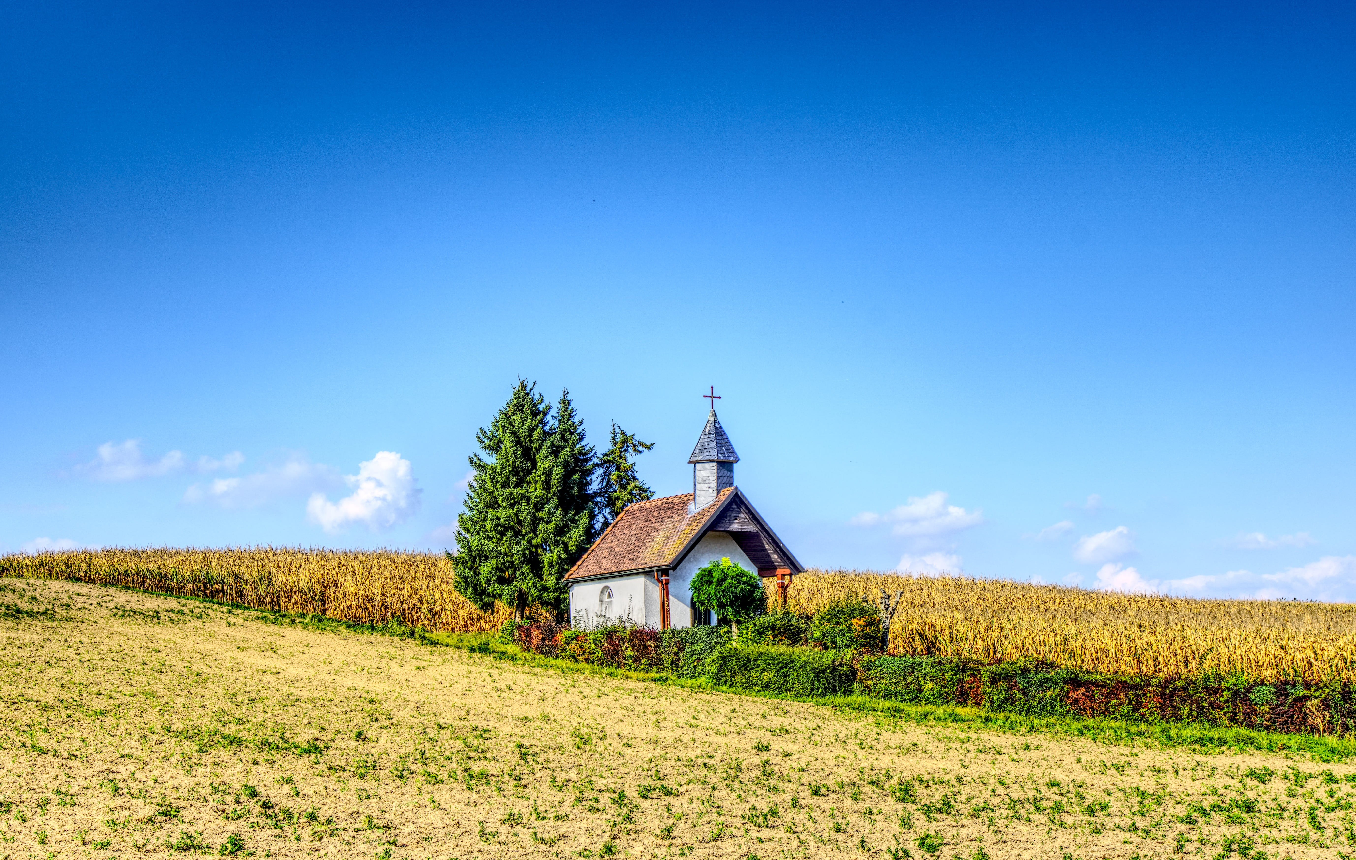 god, land, day, cloud - sky, environment, pray, 5K, sky, high dynamic range, building, steeple, field, faith, sun, hdr, no people, built structure, grass, HD Wallpaper