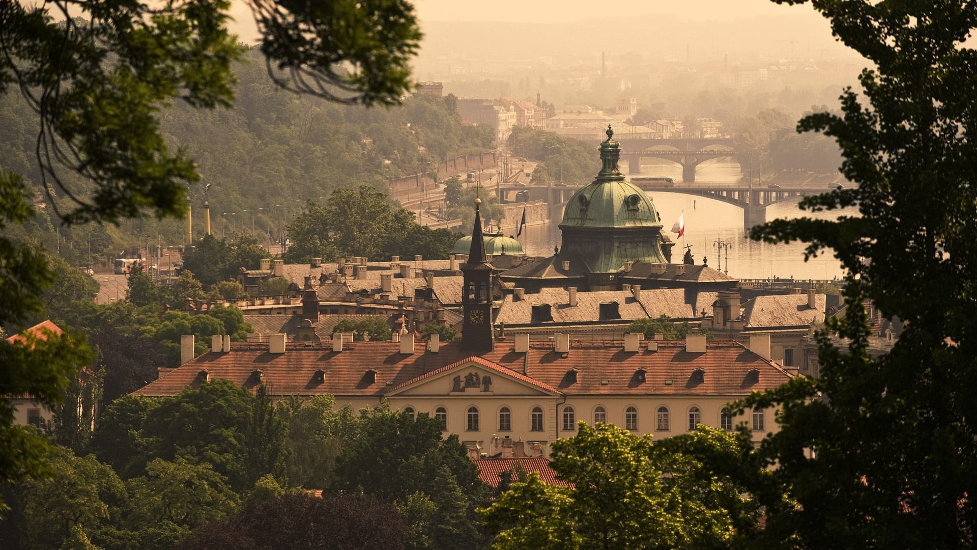 architecture, Prague, Czech Republic, cathedral, flag, river, rooftops, building, trees, cityscape, tower, city, street, 1080P, capital, old building, HD Wallpaper