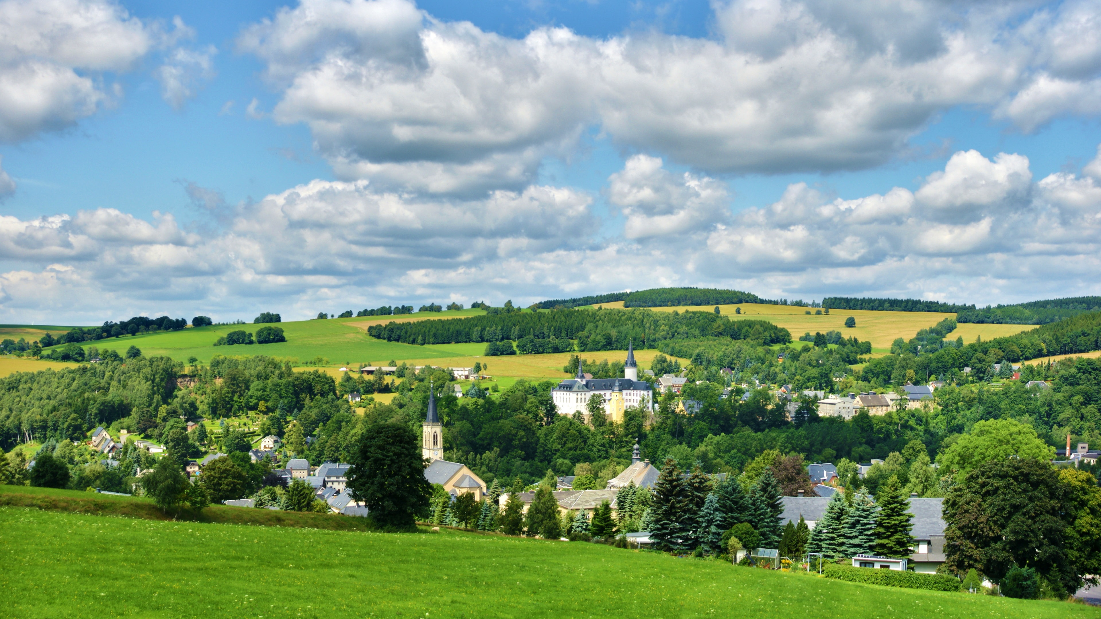 Germany, Erzgebirge, Clouds, 4K, Neuhausen, Field, Trees, Town, HD Wallpaper