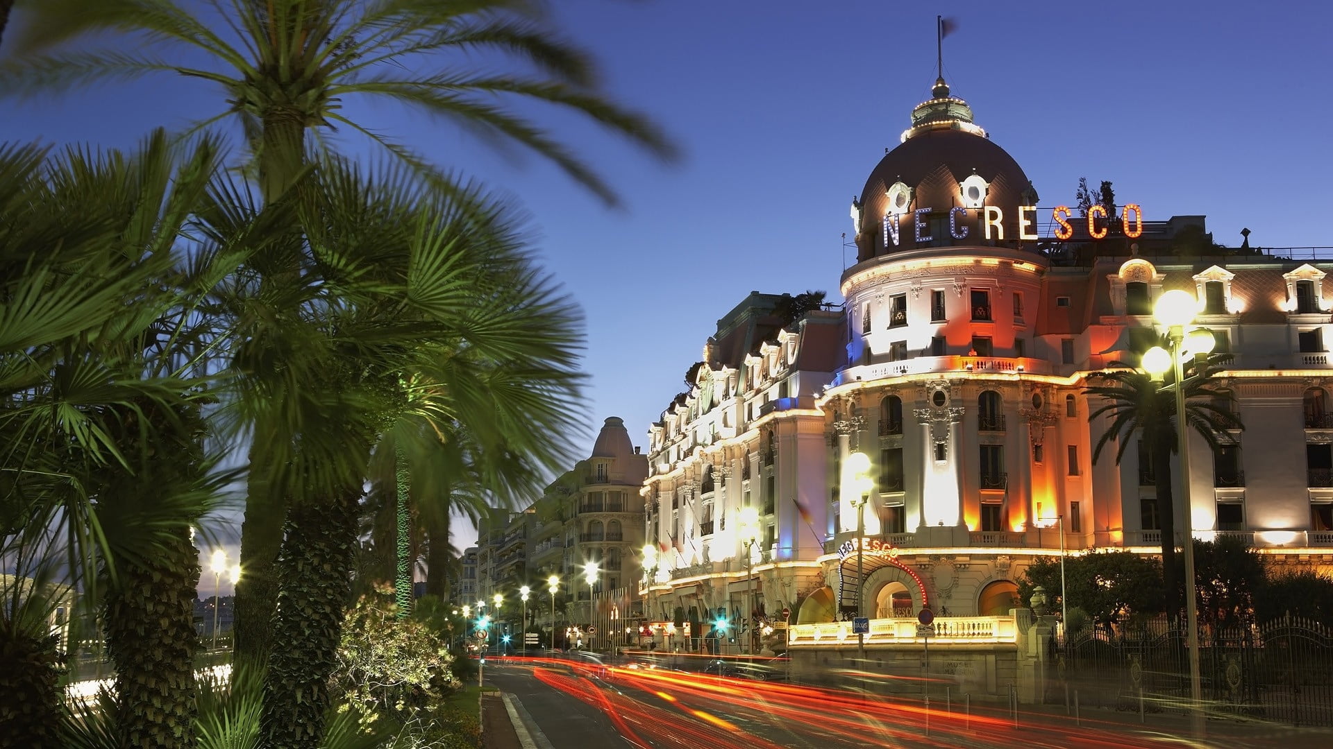 tropical climate, nizza, building Exterior, travel, tower, france, hotel, cityscape, town, cultures, tree, dusk, city, building, urban Scene, no people, HD Wallpaper