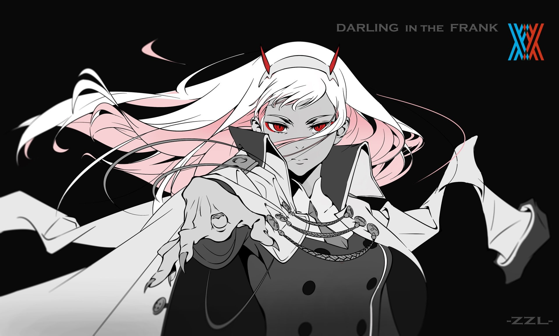 red eyes, simple background, anime girls, selective coloring, anime, Zero Two (Darling in the FranXX), 1080P, Darling in the FranXX, HD Wallpaper