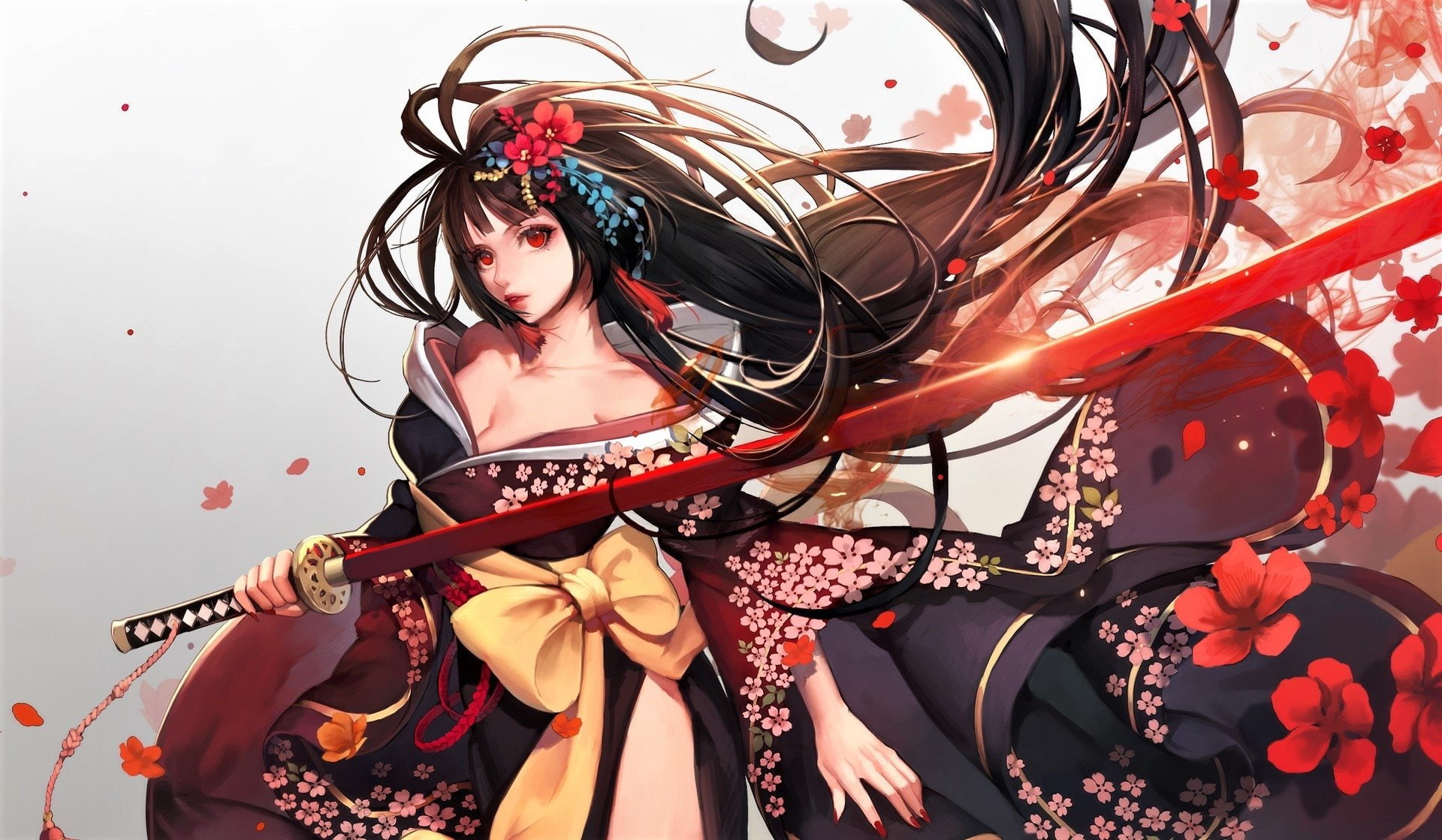 portrait, young adult, fashion, adult, tangled, Warrior, beautiful people, one person, Kimono, studio shot, hairstyle, waist up, clothing, Flower, females, HD Wallpaper