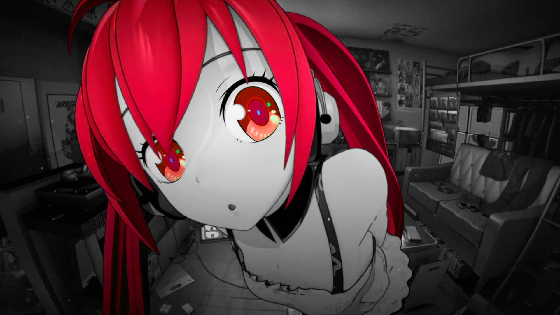 headphones, red, Hatsune Miku, anime girls, 1080P, anime, selective coloring, HD Wallpaper