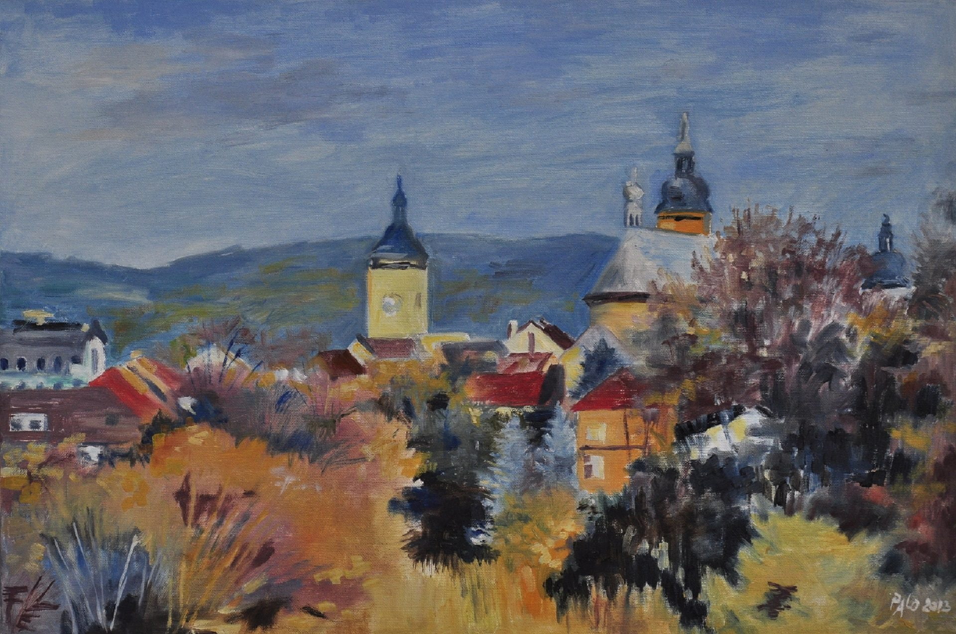 painting, hill, architecture, trees, Pavla Loserthová, village, 1080P, building, church, artwork, czech, house, HD Wallpaper