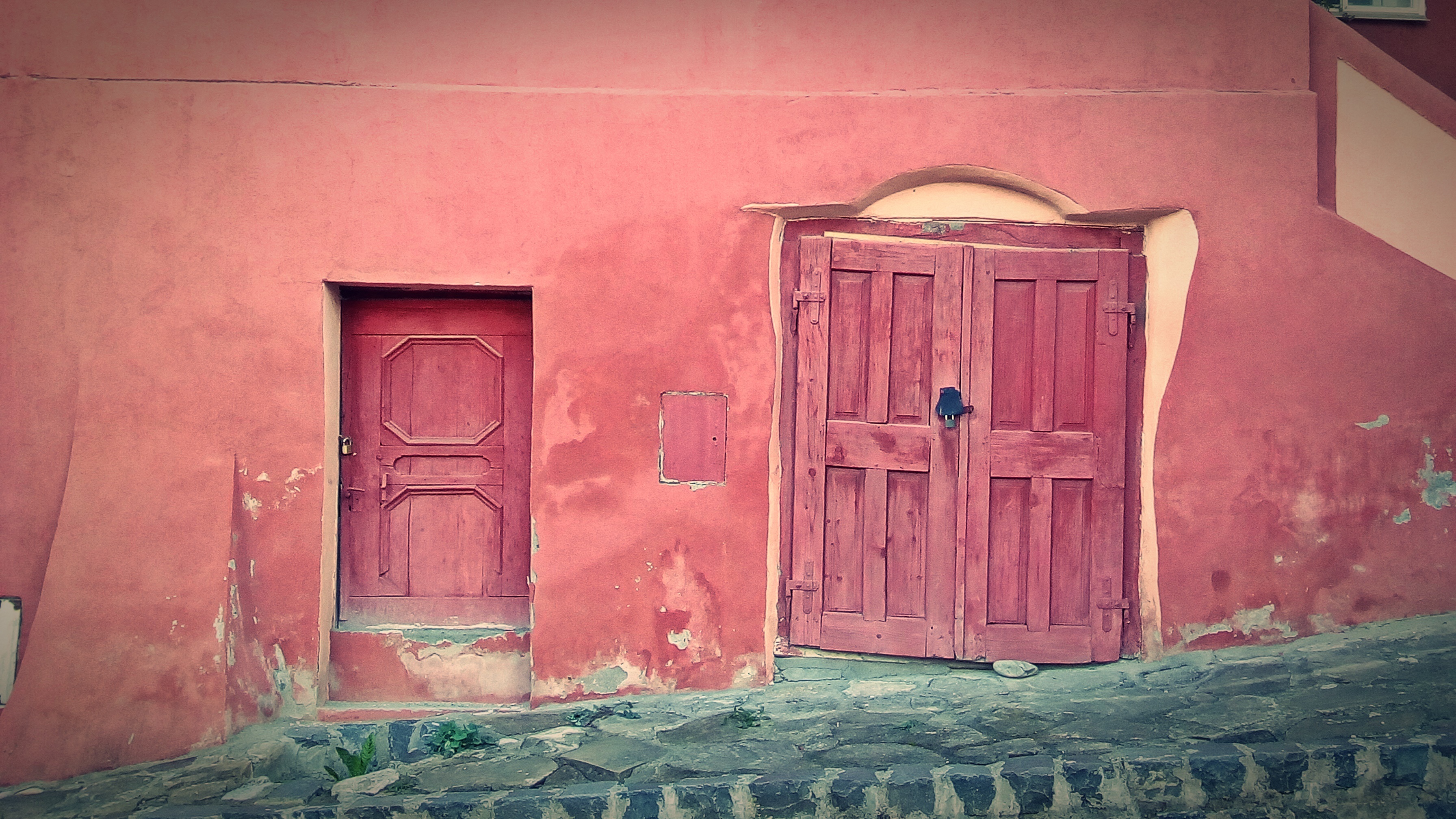 security, protection, architecture, wooden, old, building, red, door, city, wall - building feature, closed, entrance, 2K, pink, wall, color, stone, day, HD Wallpaper