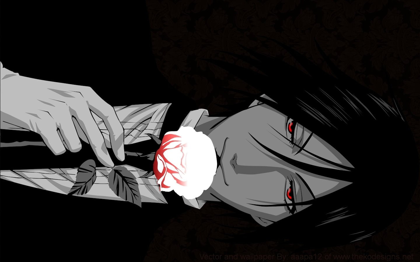 720P, suit, selective, boys, black, kuroshitsuji, red, anime, eyes, hair, sebastian, michaelis, coloring, roses, HD Wallpaper
