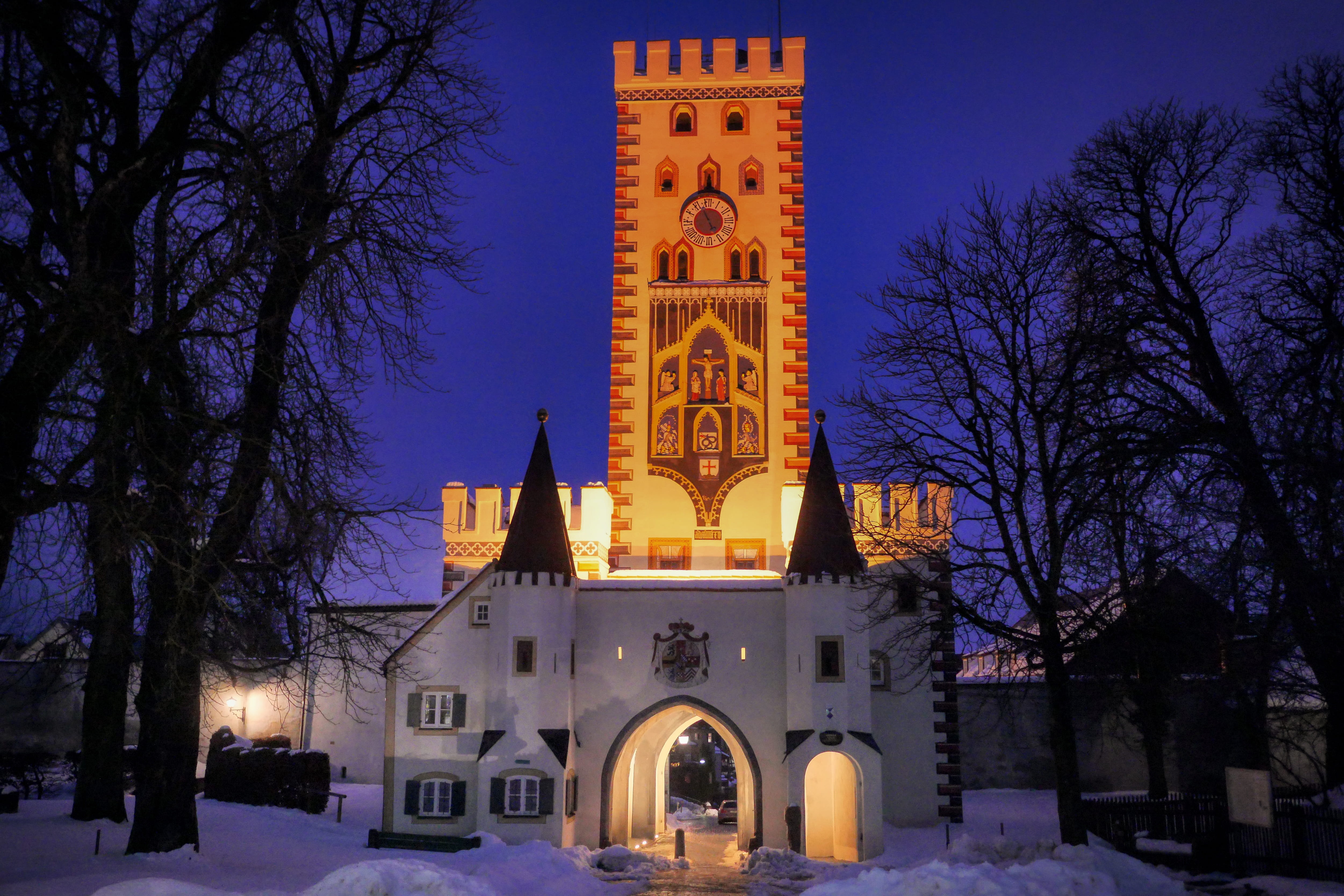 nature, city, built structure, bavaria, city gate, winter, dark, illuminated, building exterior, plant, lighting, tower, bayer gate, belief, landsberg, HD Wallpaper