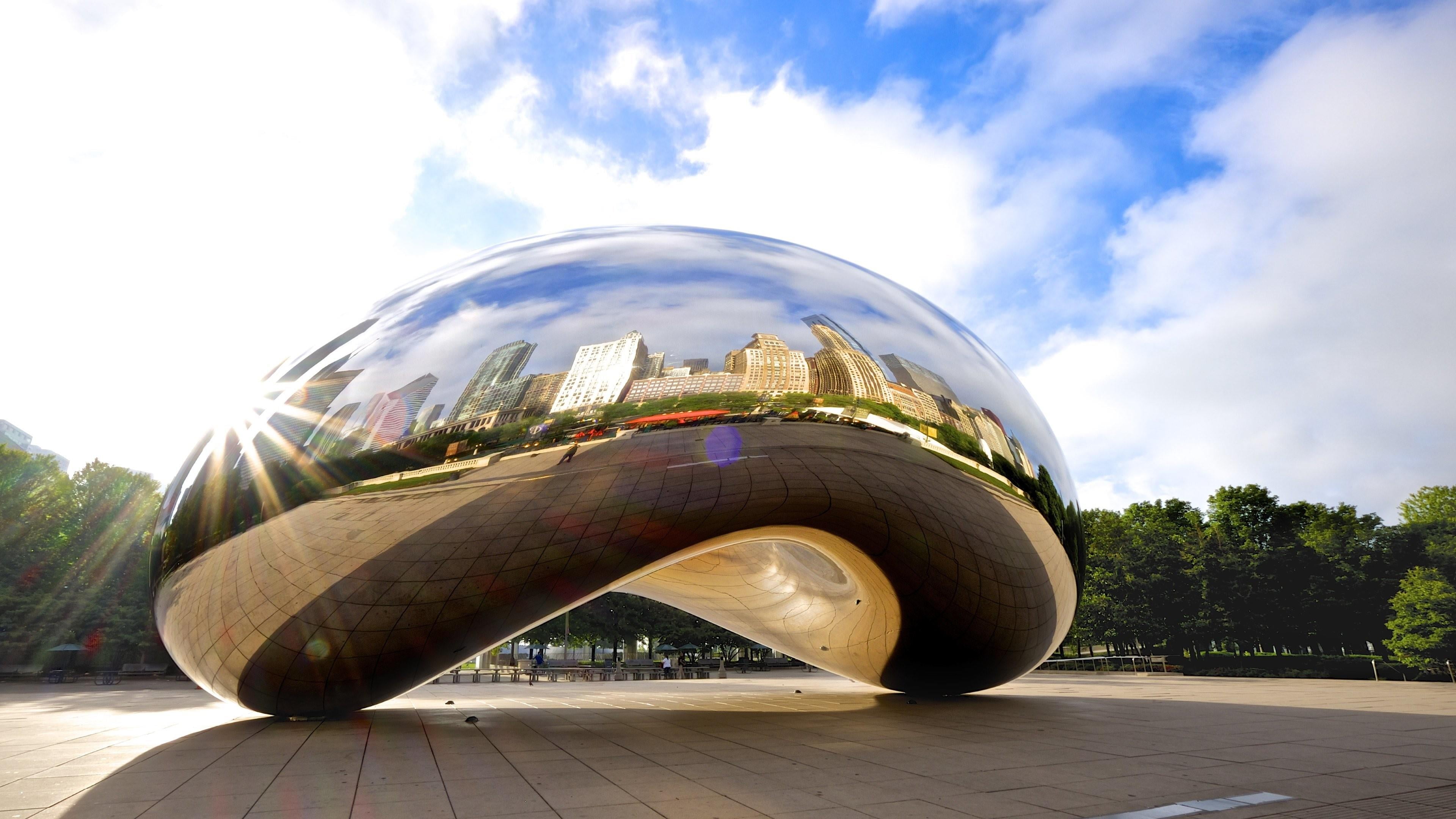 steel, building, travel destinations, united states, reflection, water, 4K, building exterior, day, sunlight, cloud gate, office building exterior, tree, HD Wallpaper
