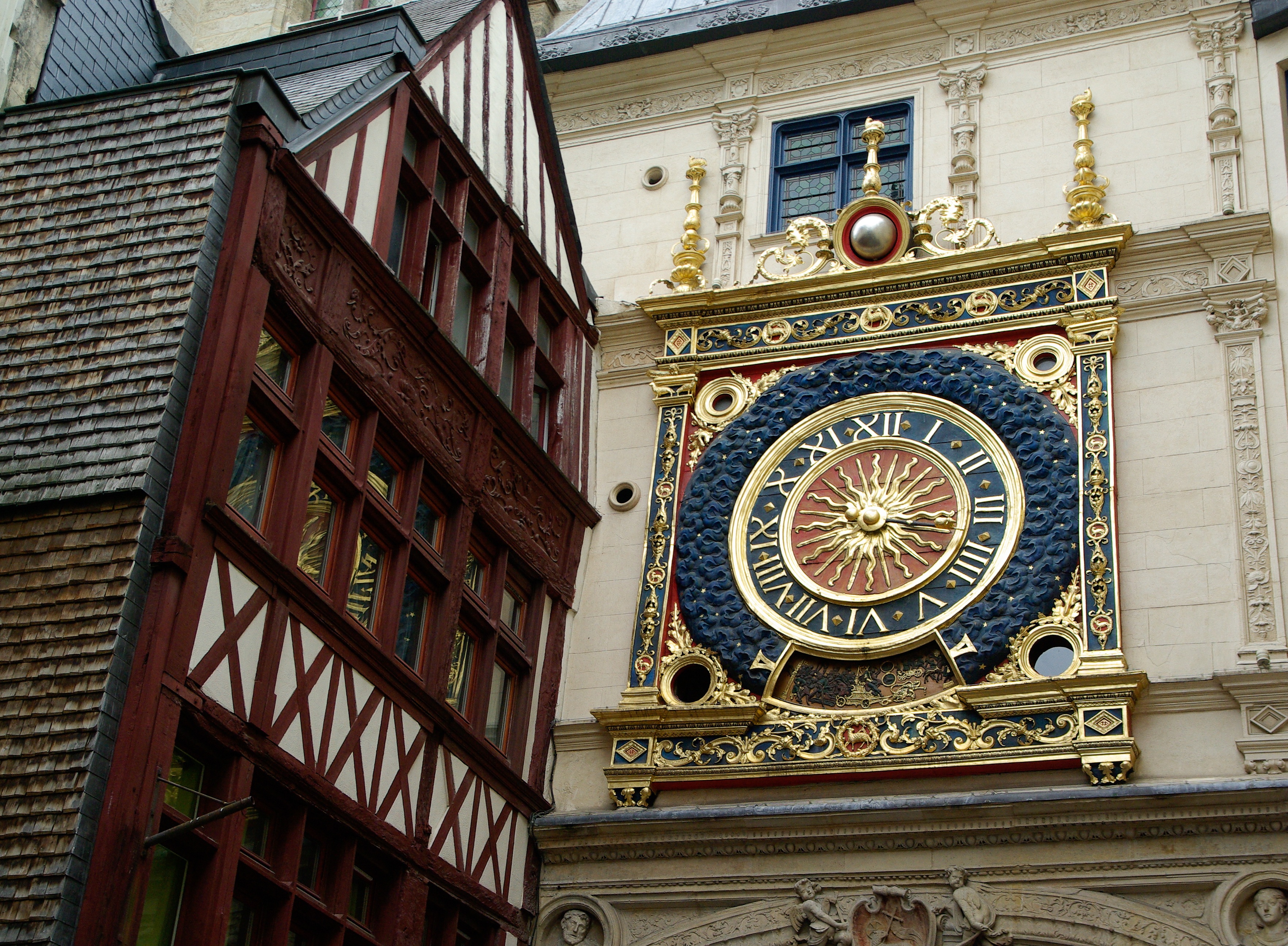 rouen, travel destinations, building exterior, no people, day, time, history, window, ornate, 2K, dial, low angle view, space, blue, city, clock, clock face, HD Wallpaper