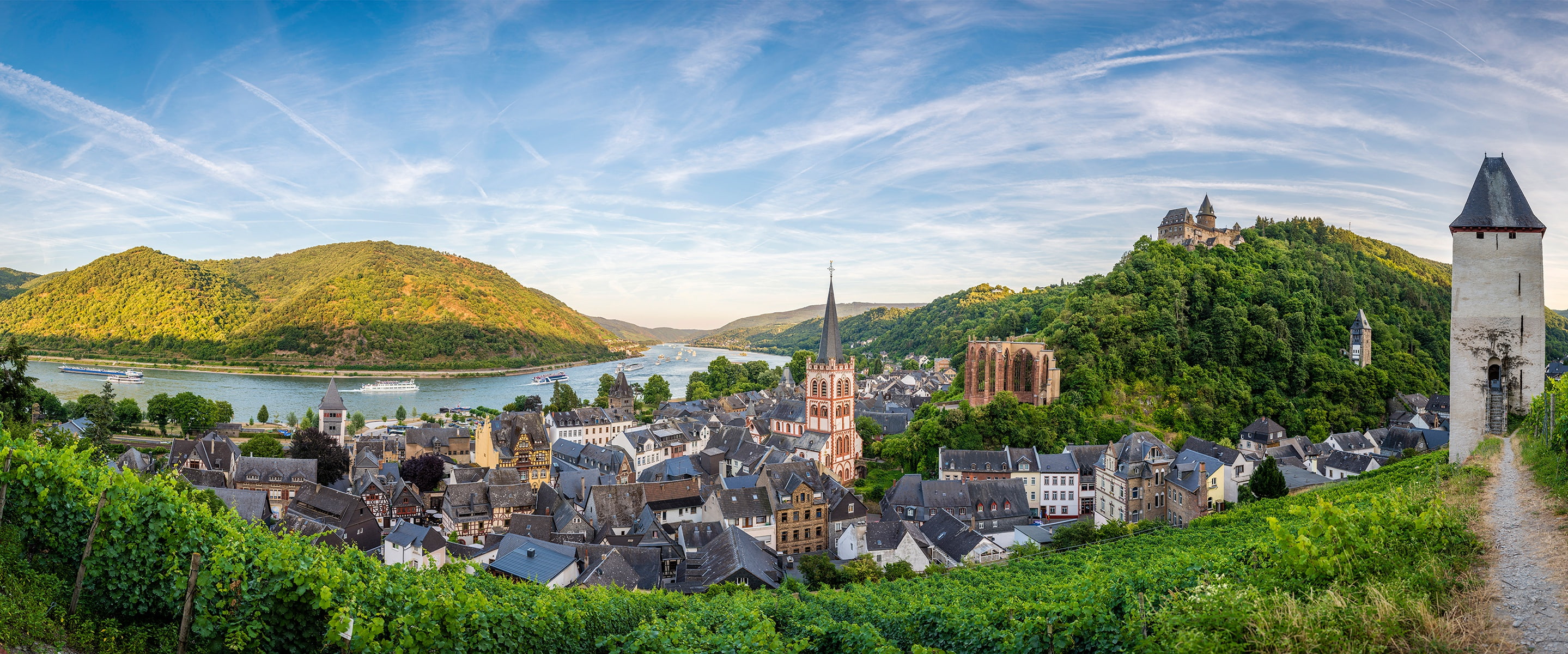 Germany, the sun, the sky, trees, panorama, river, landscape, home, greens, mountains, clouds, 2K, ships, Bacharach, HD Wallpaper