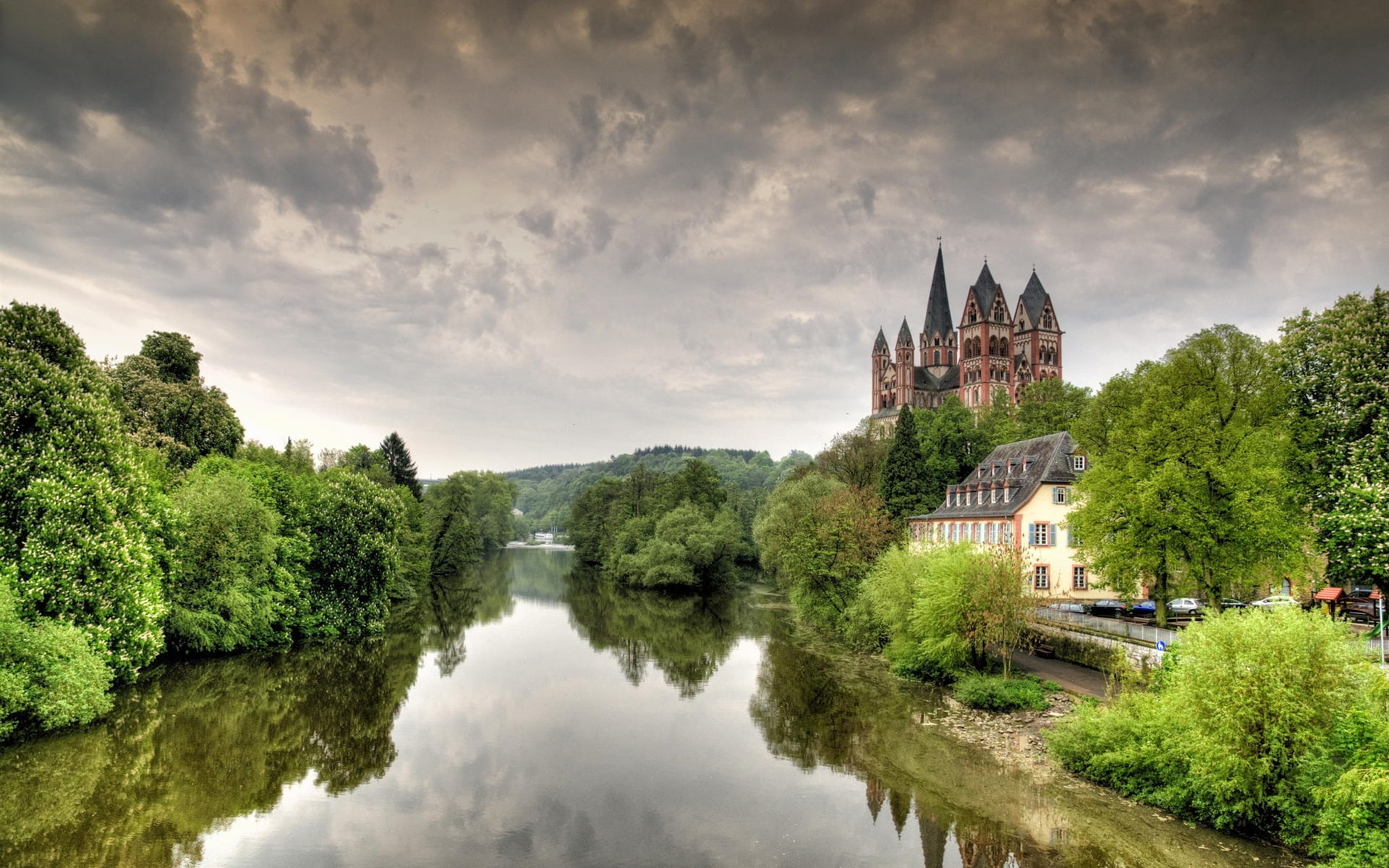 Lena, Limburg, Trees, Castle, Germany, photo, green, Cathedral, River, lake, 1080P, HD Wallpaper
