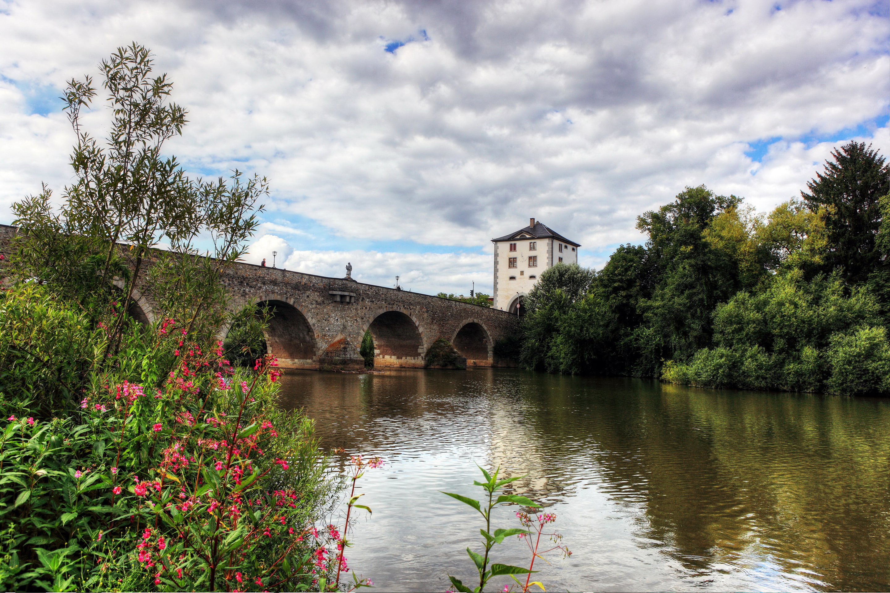 Germany, river, clouds, flowers, trees, tower, 2K, Limburg an der Lahn, arch, bridge, the sky, support, HD Wallpaper