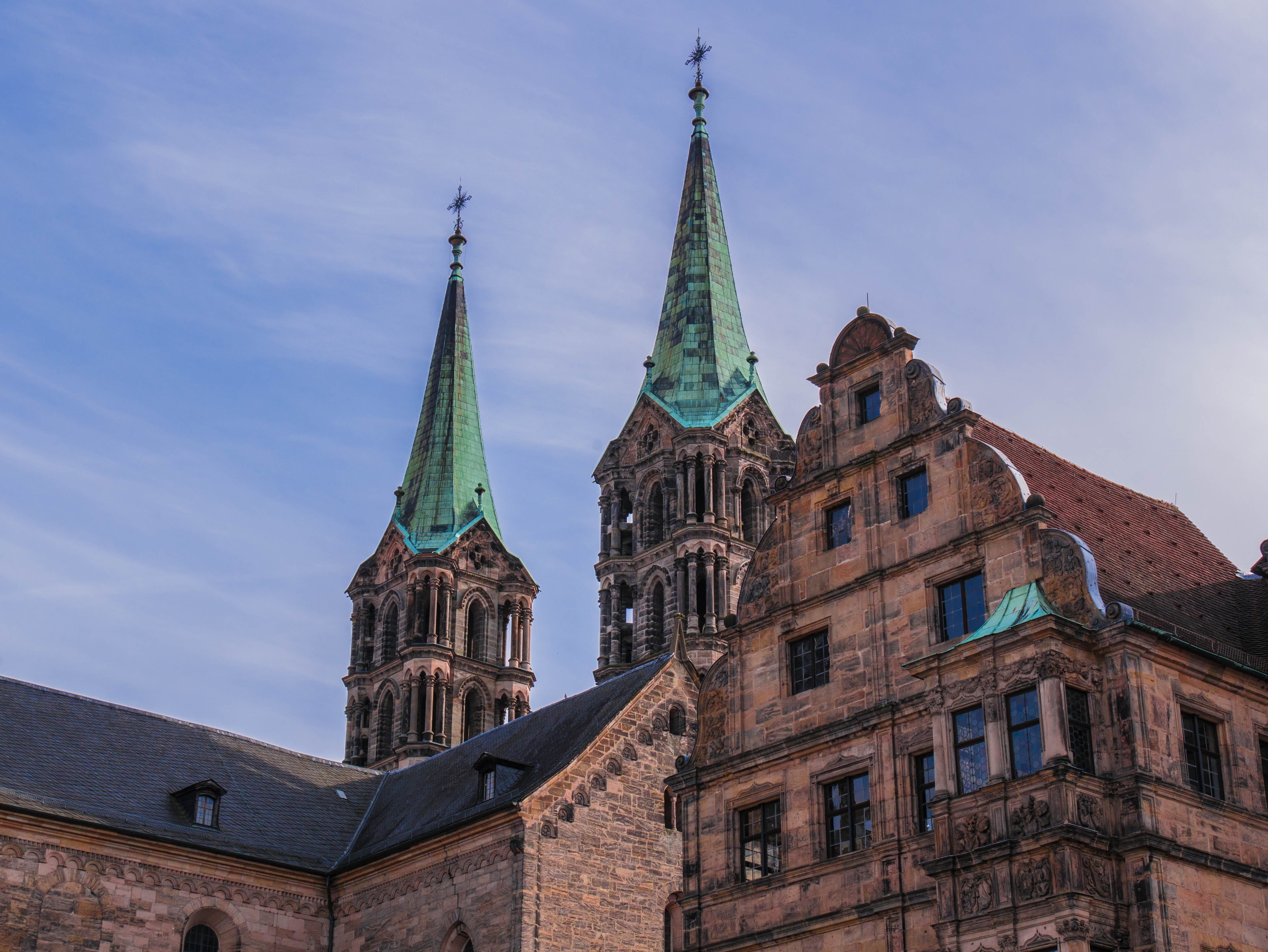 architecture, religion, building, sky, place of worship, tower, low angle view, nature, spirituality, bamberg cathedral, built structure, gothic style, HD Wallpaper