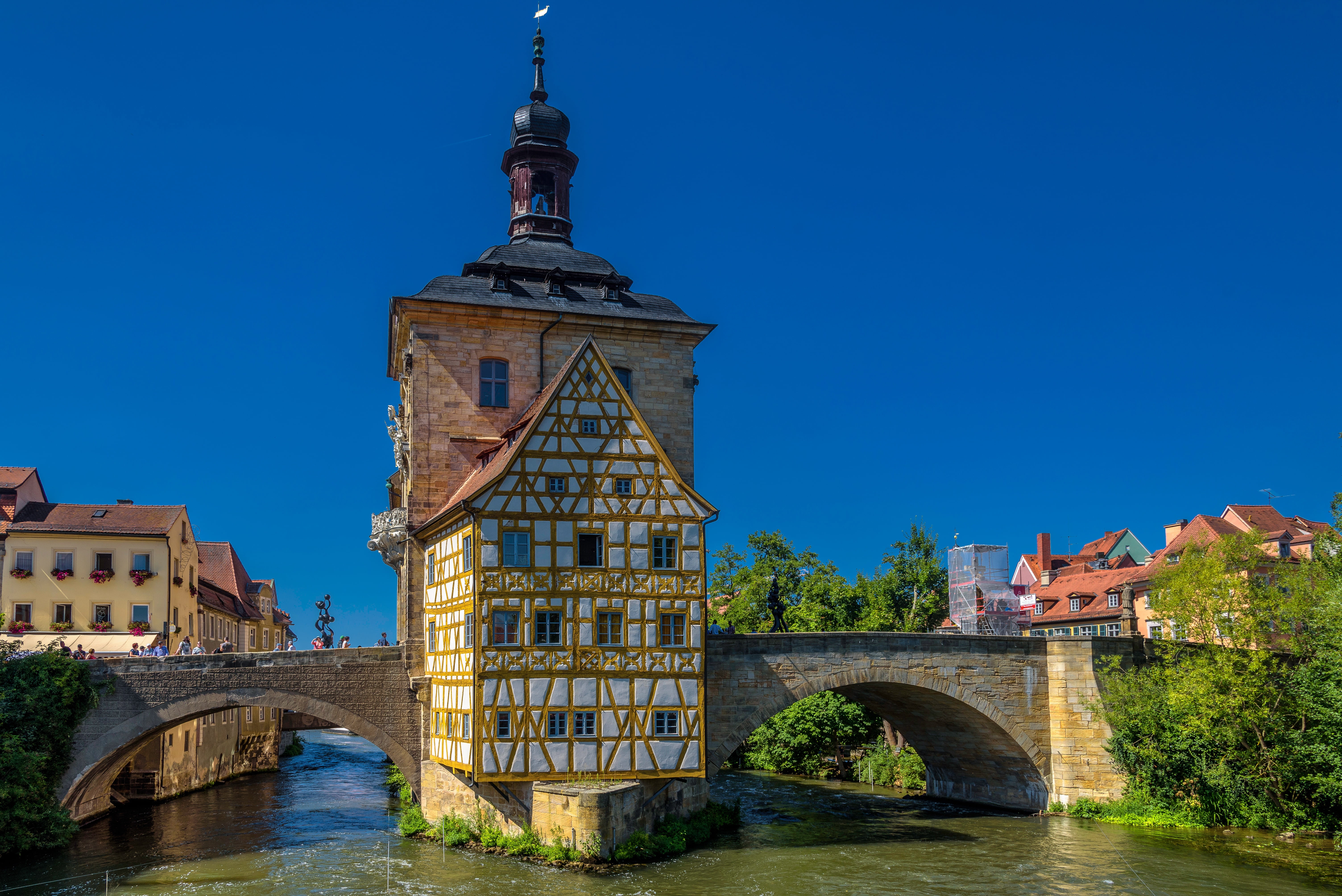 Bayern, bridge, Bavaria, Bamberg, the building, Regnitz River, river, 5K, Germany, Old town hall, The River Regnitz, HD Wallpaper